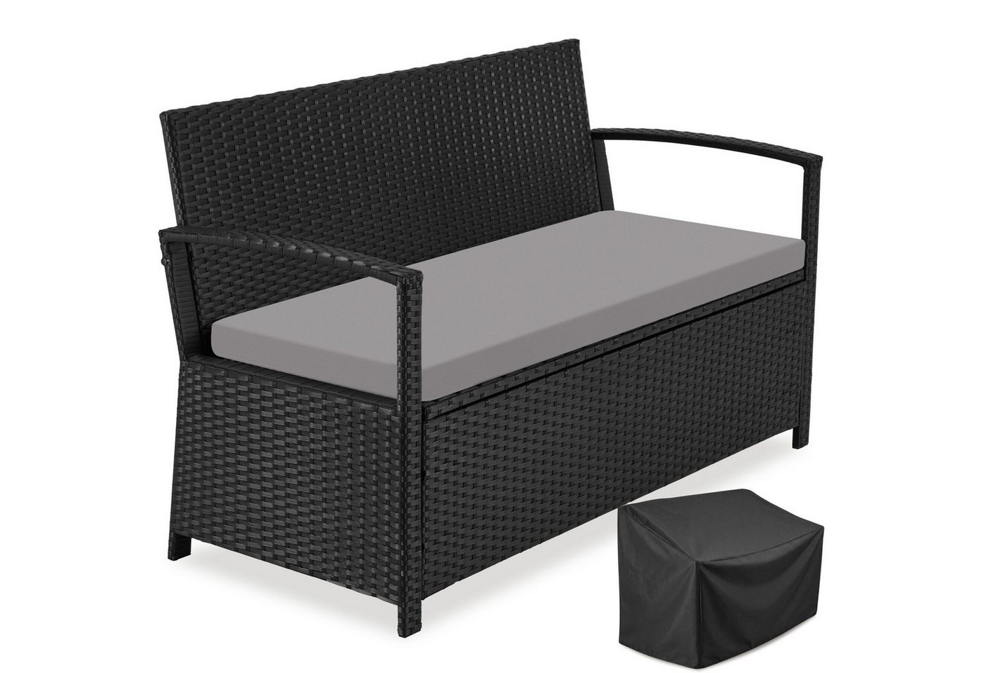 tectake Gartenbank Polyrattanbank 2-Sitzer wetterfest mit großem Stauraum 128x56x77,5cm (Balkonbank Vecchia, in Schwarz), Belastbarkeit 250 kg, Inkl. Schutzhülle und Sitzpolster Bild 4