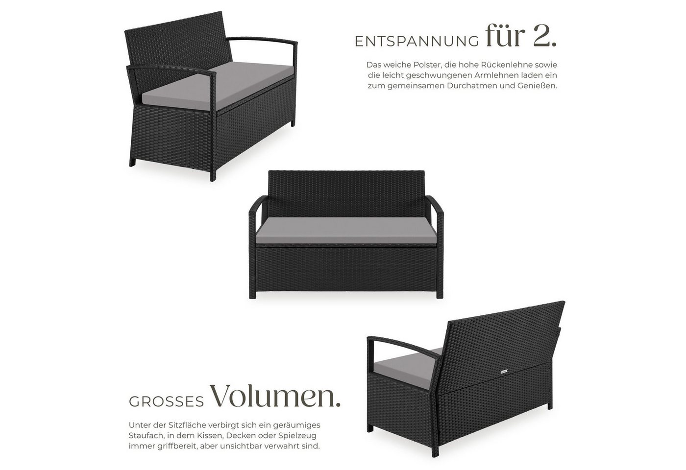 tectake Gartenbank Polyrattanbank 2-Sitzer wetterfest mit großem Stauraum 128x56x77,5cm (Balkonbank Vecchia, in Schwarz), Belastbarkeit 250 kg, Inkl. Schutzhülle und Sitzpolster Bild 5