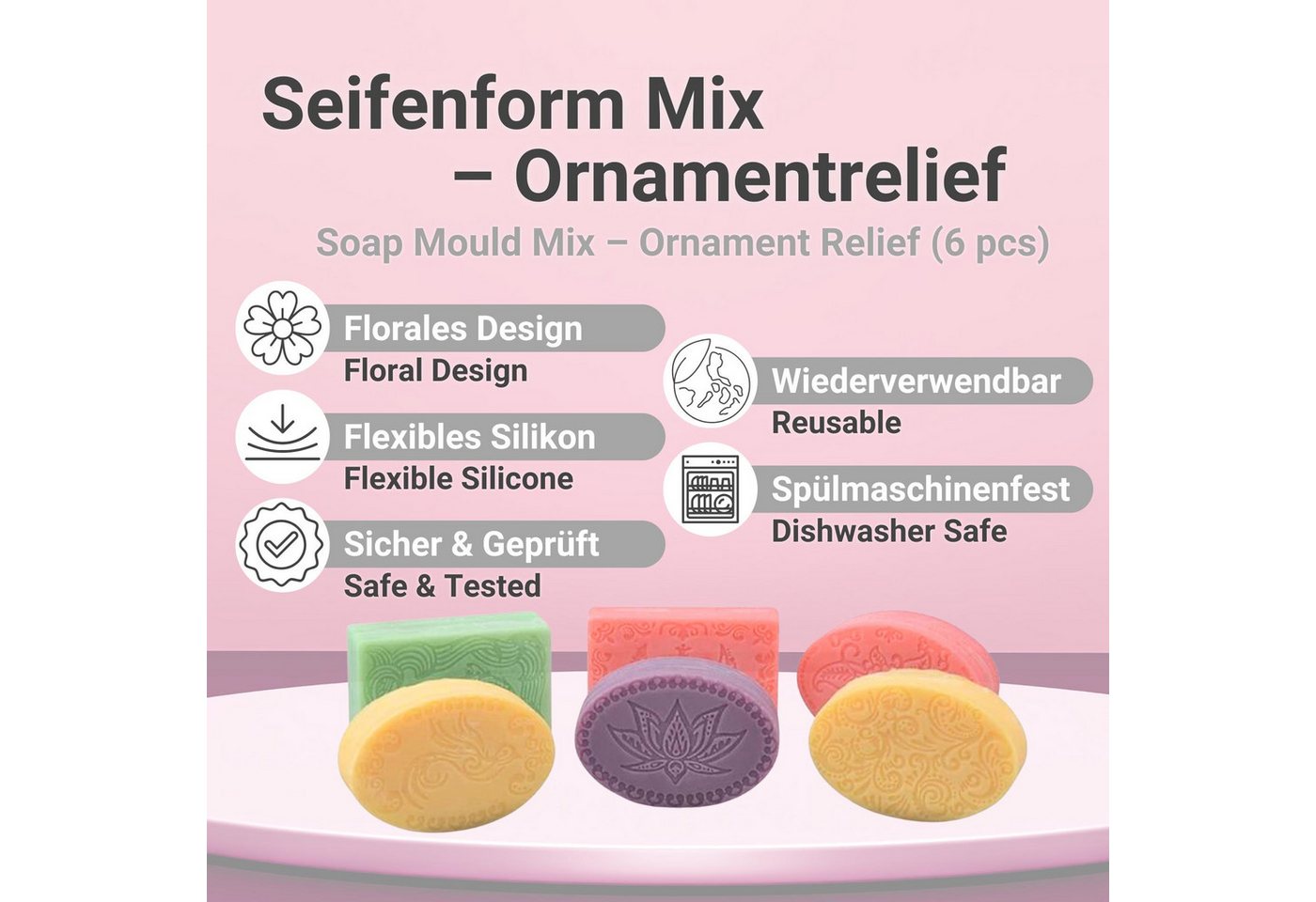 DistrEbution Silikonform Rechteck & Oval mit Ornamentrelief, mit Delfin, Lotus, Schmetterling & Mond, Seife gießen Bild 3