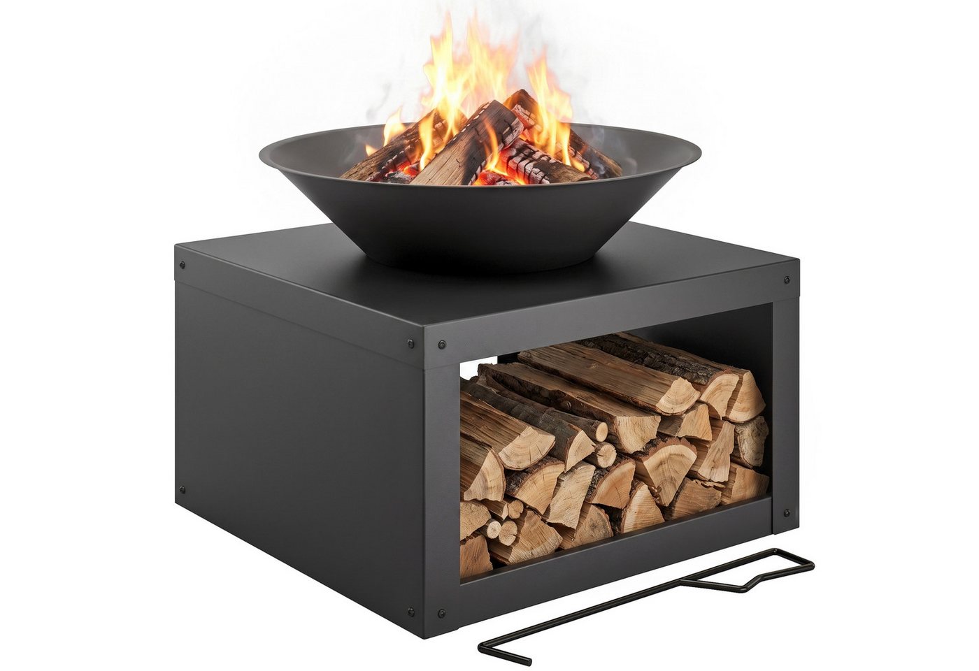 Outsunny Feuerschale Ø59 cm Feuerstelle mit Holzablage, Schürhaken Holz & Kohle nutzbar, (Set, 1-St., Outdoor Feuerkorb), für Garten Terrasse Schwarz