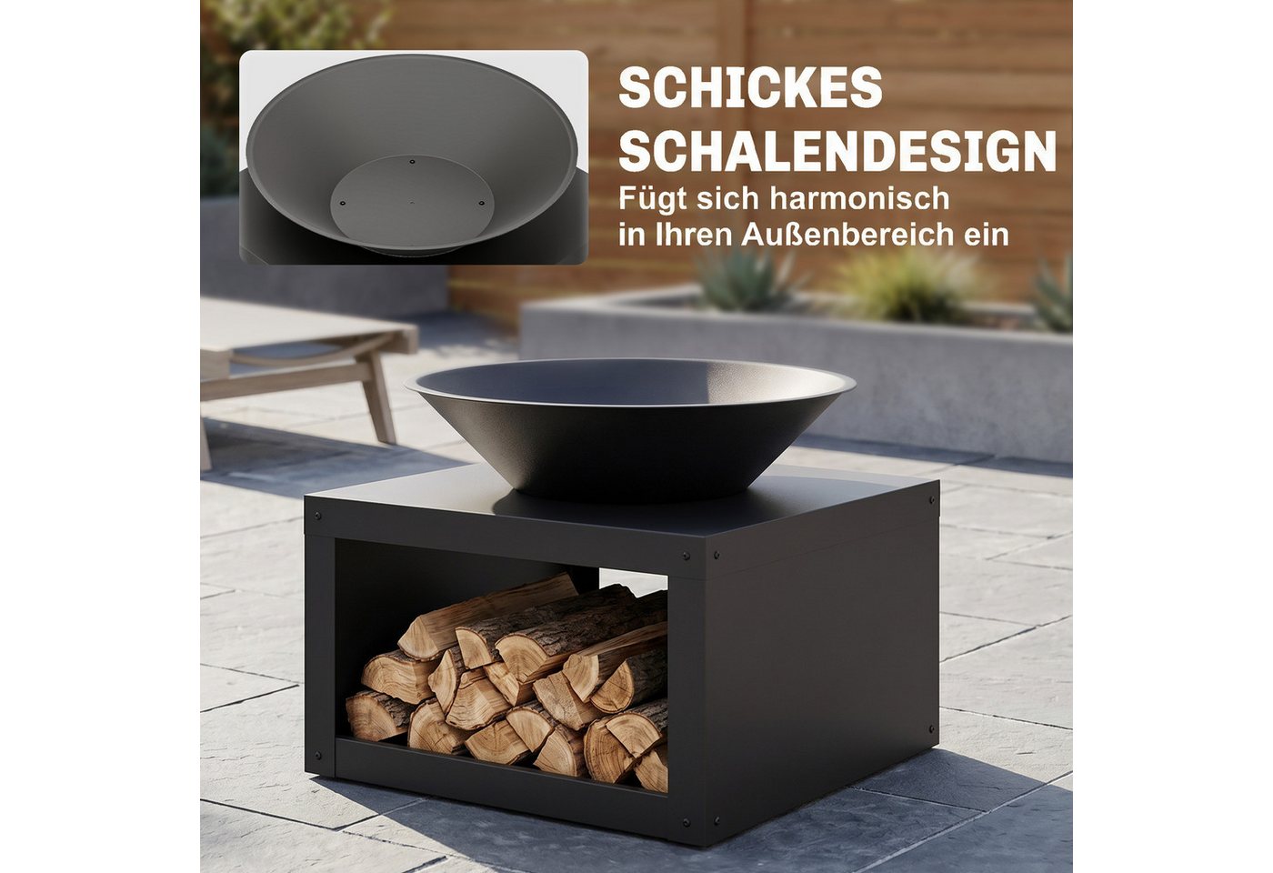 Outsunny Feuerschale Ø59 cm Feuerstelle mit Holzablage, Schürhaken Holz & Kohle nutzbar, (Set, 1-St., Outdoor Feuerkorb), für Garten Terrasse Schwarz Bild 3