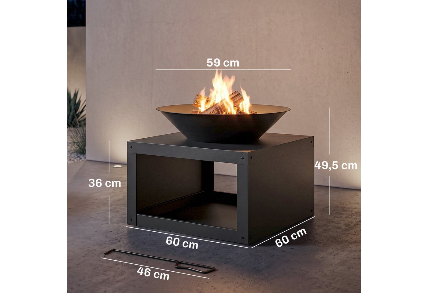 Outsunny Feuerschale Ø59 cm Feuerstelle mit Holzablage, Schürhaken Holz & Kohle nutzbar, (Set, 1-St., Outdoor Feuerkorb), für Garten Terrasse Schwarz Bild 4