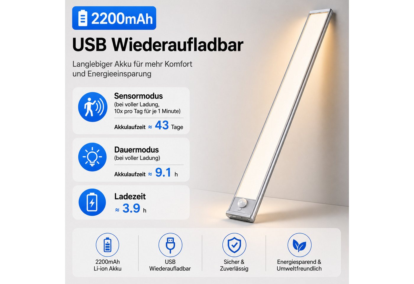 BOOD LED Unterbauleuchte mit Bewegungsmelder und Lichtsensor,20/30/40cm&1100/1800/2200mAh, USB-C wiederaufladbar,Einfach Montage Stark,schrankbeleuchtung, Warmweiß (3000 K), Neutralweiß (4000 K), Kaltweiß (6000 K), dimmbar,3 einstellbare Farben,mit Bewegungsmelder und Lichtsensor Bild 3