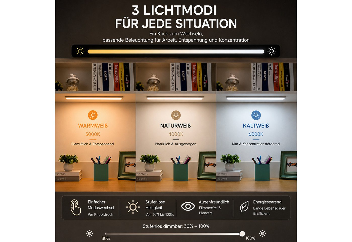BOOD LED Unterbauleuchte mit Bewegungsmelder und Lichtsensor,20/30/40cm&1100/1800/2200mAh, USB-C wiederaufladbar,Einfach Montage Stark,schrankbeleuchtung, Warmweiß (3000 K), Neutralweiß (4000 K), Kaltweiß (6000 K), dimmbar,3 einstellbare Farben,mit Bewegungsmelder und Lichtsensor Bild 4