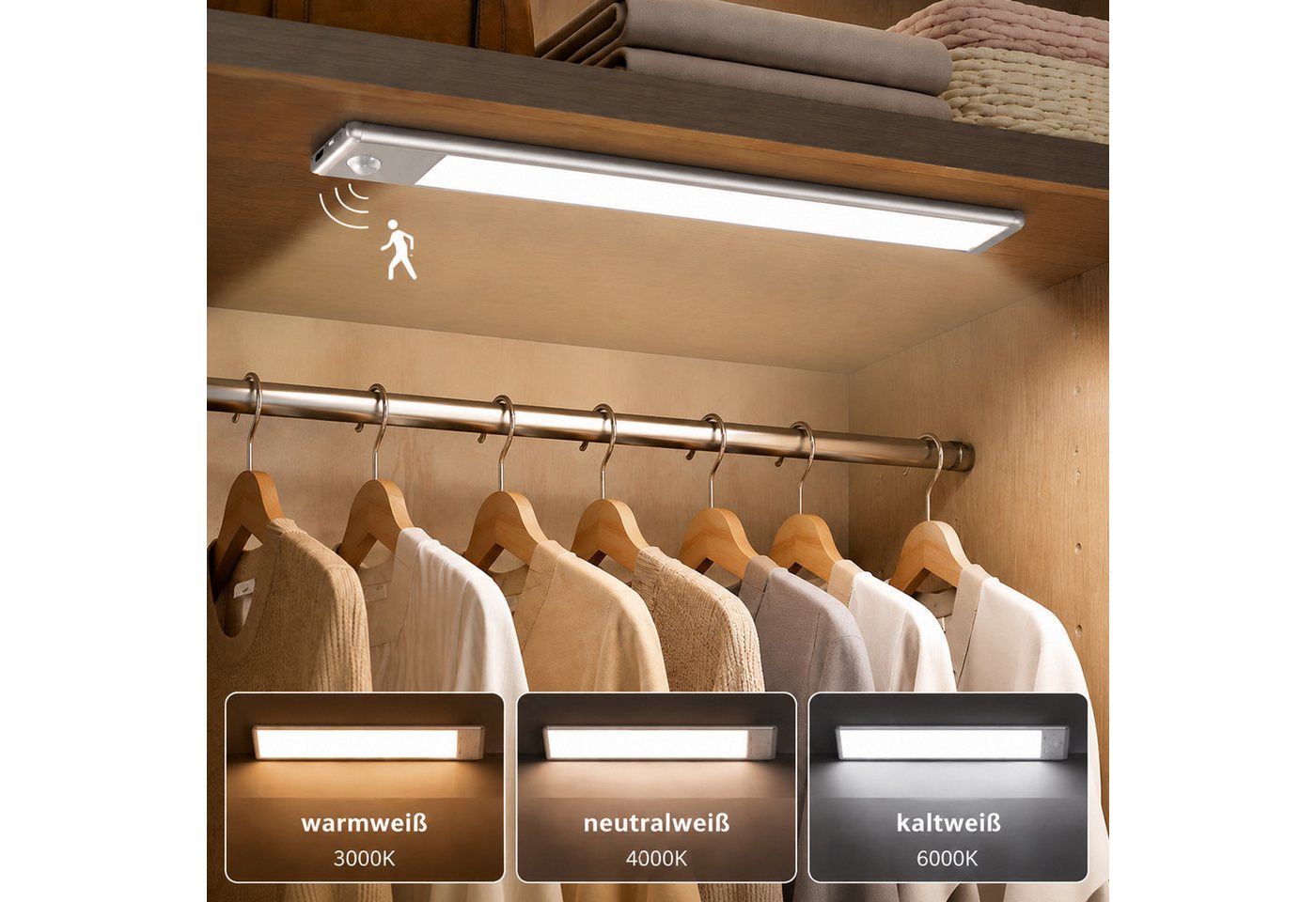 BOOD LED Unterbauleuchte mit Bewegungsmelder und Lichtsensor,20/30/40cm&1100/1800/2200mAh, USB-C wiederaufladbar,Einfach Montage Stark,schrankbeleuchtung, Warmweiß (3000 K), Neutralweiß (4000 K), Kaltweiß (6000 K), dimmbar,3 einstellbare Farben,mit Bewegungsmelder und Lichtsensor Bild 5