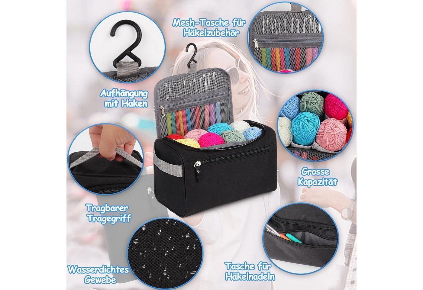 LuxusKollektion Häkelnadeln Häkelset 73tlg Häkelnadeln ergonomisch Tasche Wolle Schwarz Bild 2
