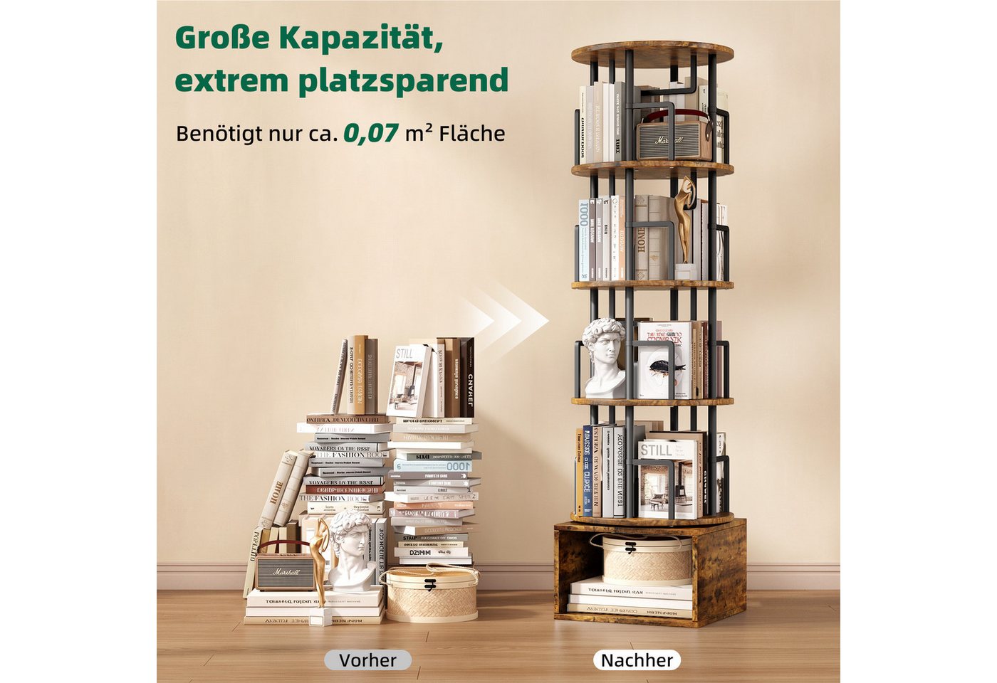 Kalrin Bücherregal 360° Drehbarer Bücherregal 5-Ebenen mit Unterschrank, Platzsparendes Standregal für Wohnzimmer & Schlafzimmer