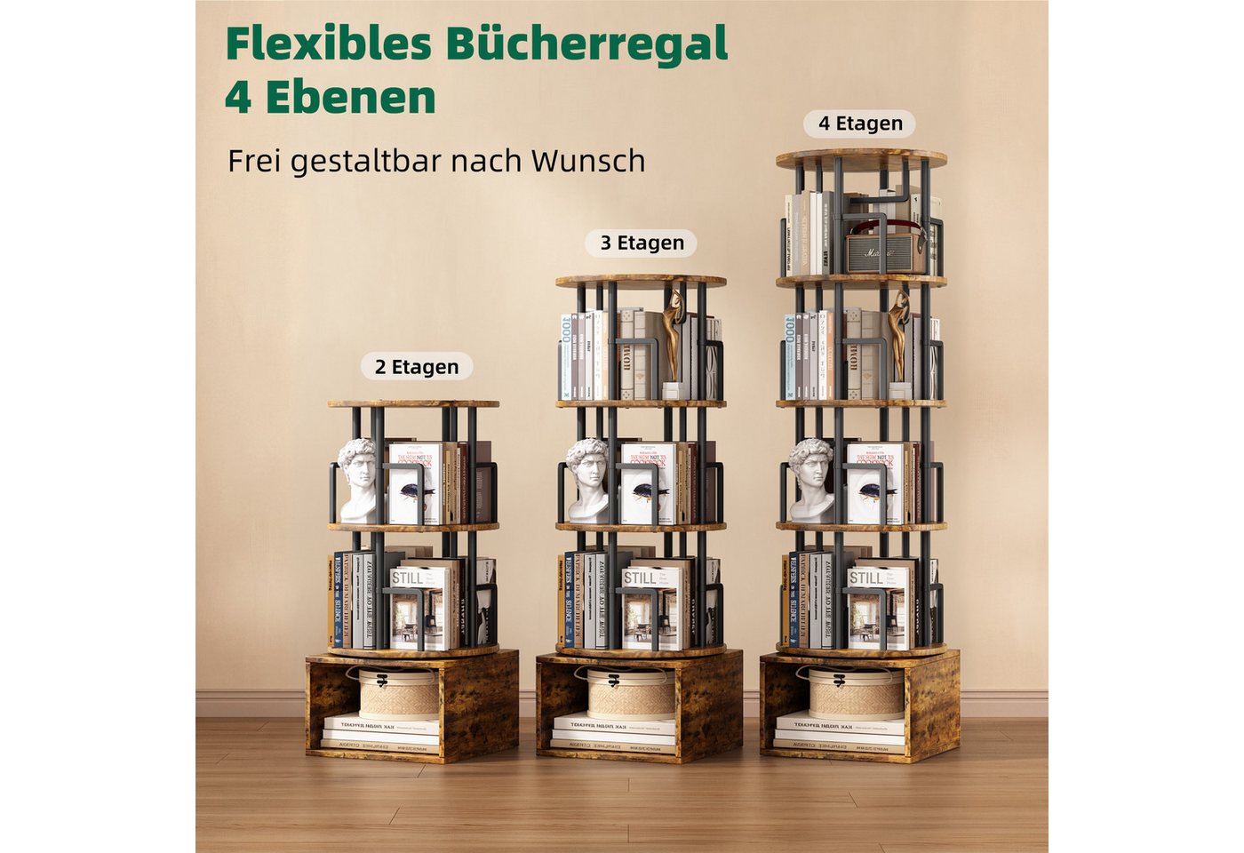 Kalrin Bücherregal 360° Drehbarer Bücherregal 5-Ebenen mit Unterschrank, Platzsparendes Standregal für Wohnzimmer & Schlafzimmer Bild 2
