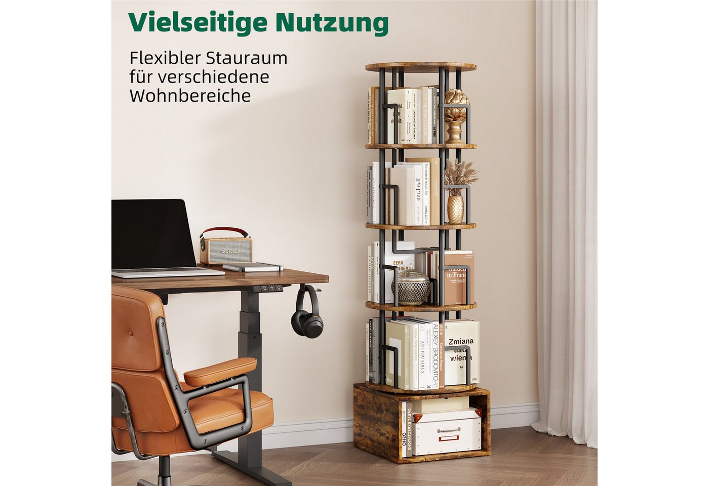 Kalrin Bücherregal 360° Drehbarer Bücherregal 5-Ebenen mit Unterschrank, Platzsparendes Standregal für Wohnzimmer & Schlafzimmer Bild 3