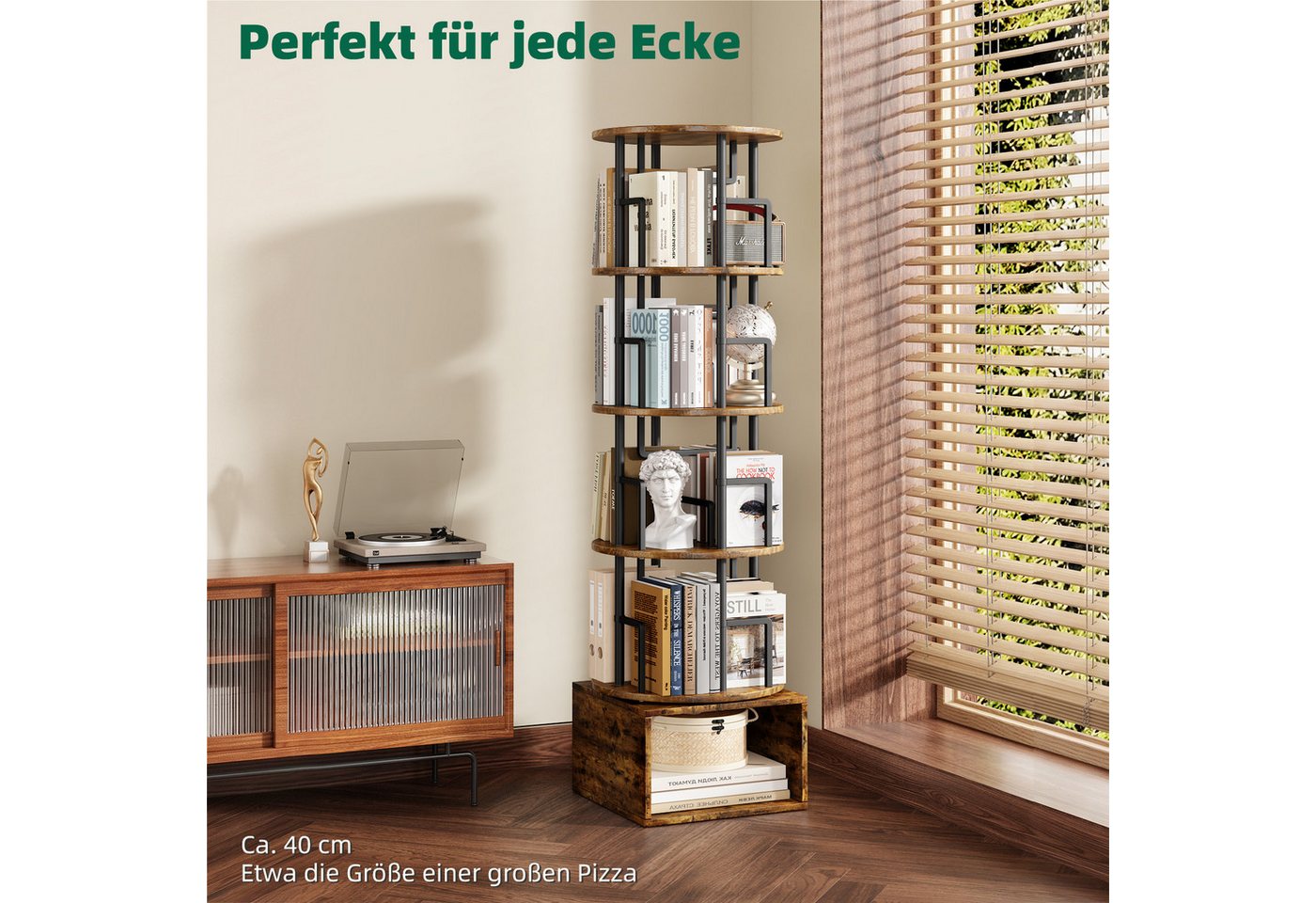 Kalrin Bücherregal 360° Drehbarer Bücherregal 5-Ebenen mit Unterschrank, Platzsparendes Standregal für Wohnzimmer & Schlafzimmer Bild 4