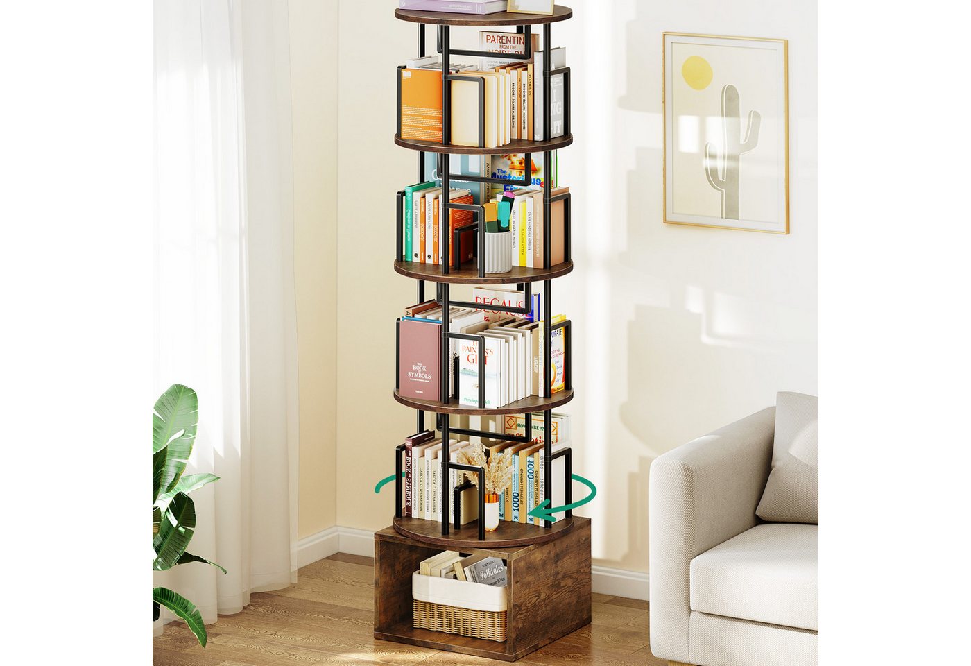 Kalrin Bücherregal 360° Drehbarer Bücherregal 5-Ebenen mit Unterschrank, Platzsparendes Standregal für Wohnzimmer & Schlafzimmer Bild 5