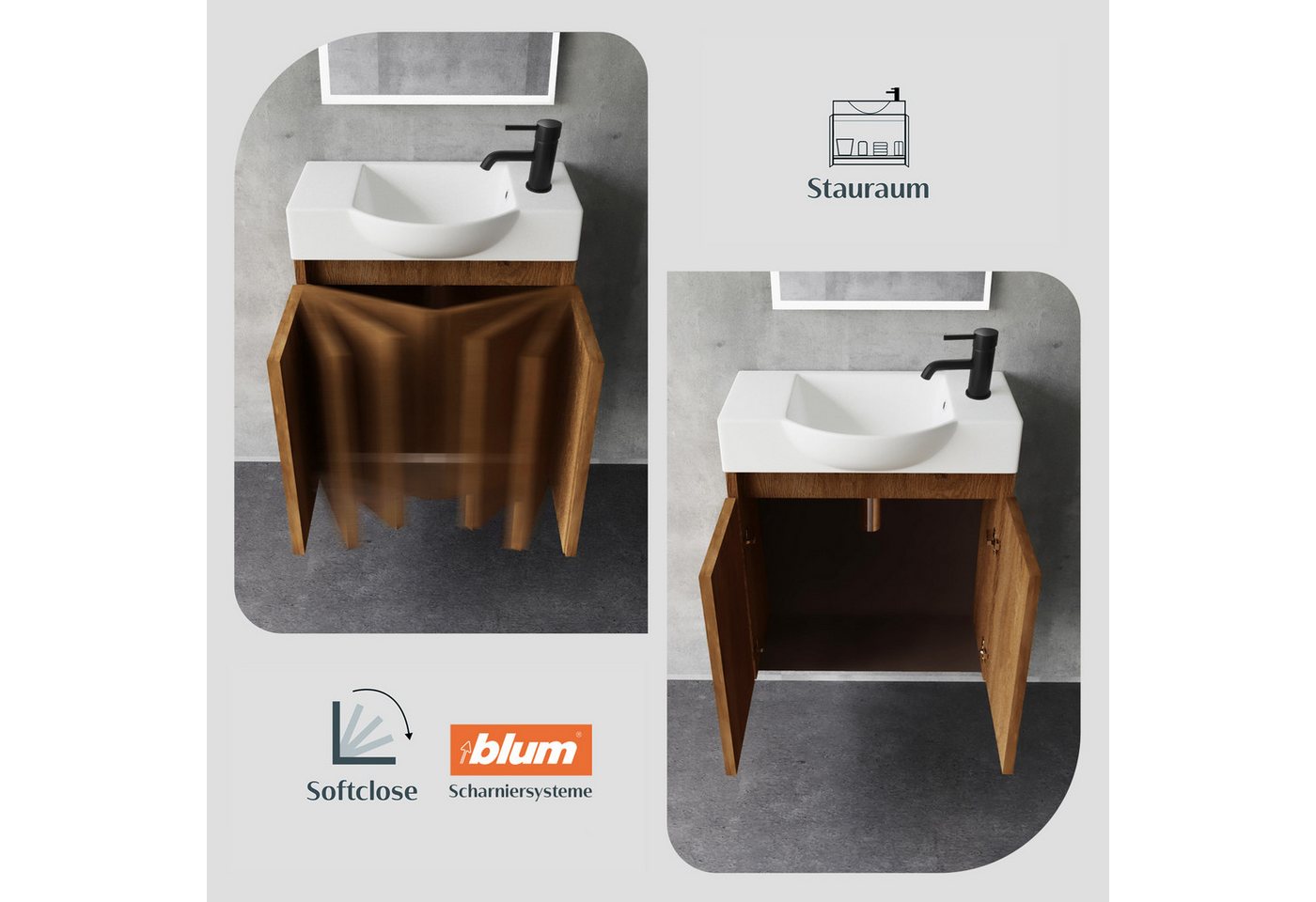 Alpenberger Badmöbel-Set Gäste WC Waschbecken mit Unterschrank 55 cm Breit, (Badezimmerschrank Klein, Moderner Waschplatz Braun), Waschbeckenunterschrank mit Softclose Funktion