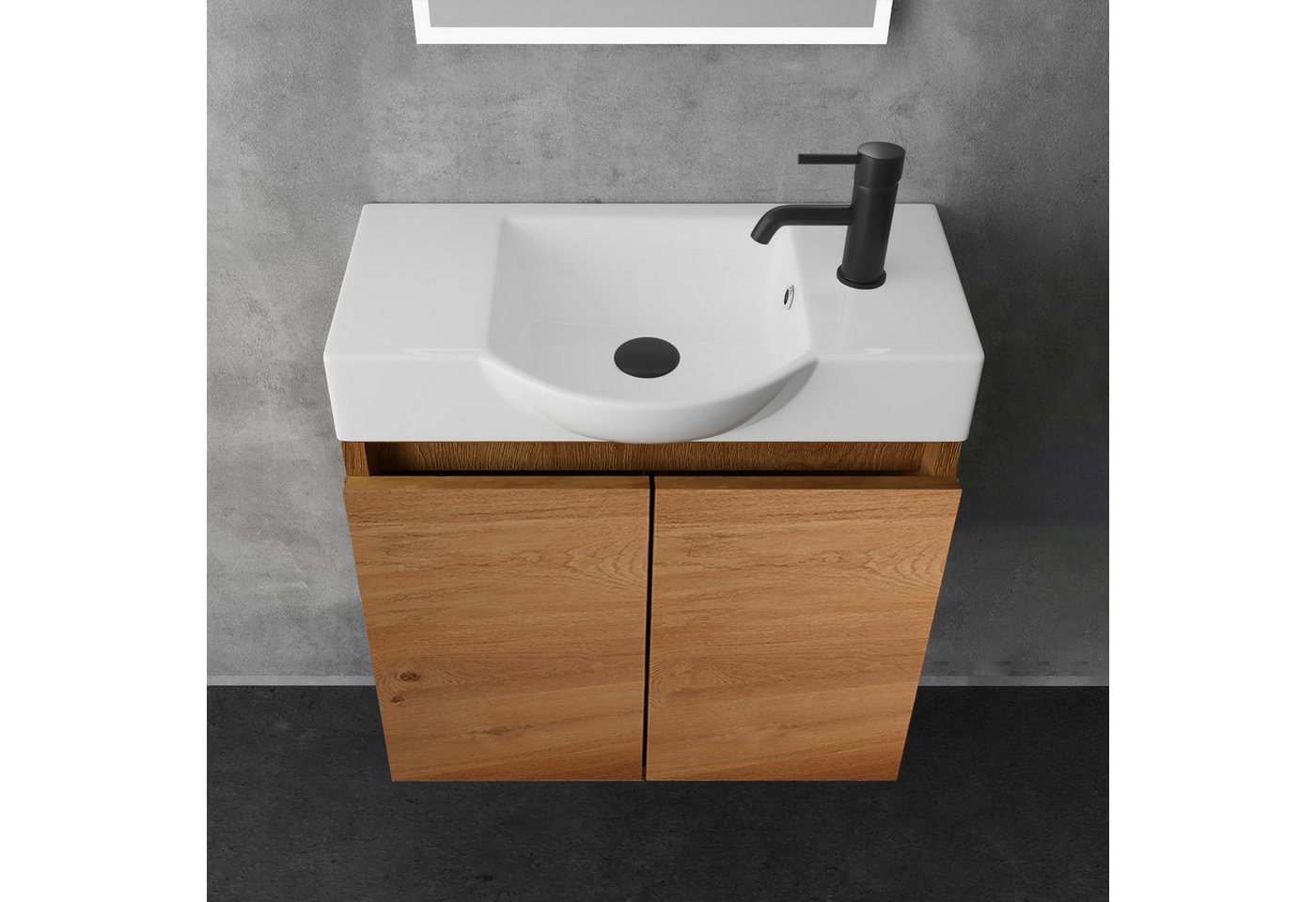 Alpenberger Badmöbel-Set Gäste WC Waschbecken mit Unterschrank 55 cm Breit, (Badezimmerschrank Klein, Moderner Waschplatz Braun), Waschbeckenunterschrank mit Softclose Funktion Bild 2