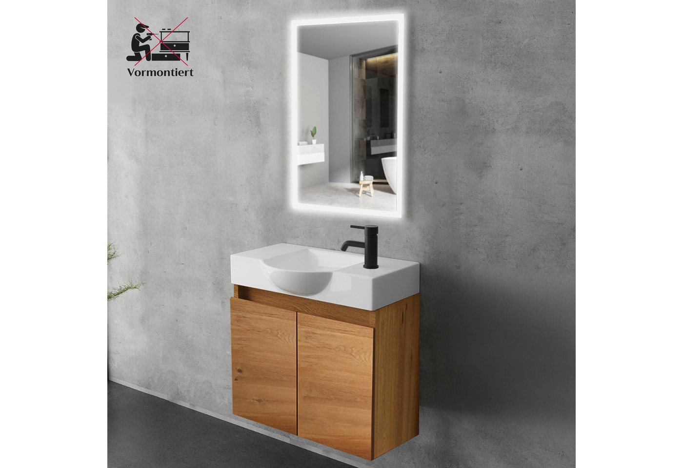 Alpenberger Badmöbel-Set Gäste WC Waschbecken mit Unterschrank 55 cm Breit, (Badezimmerschrank Klein, Moderner Waschplatz Braun), Waschbeckenunterschrank mit Softclose Funktion Bild 5