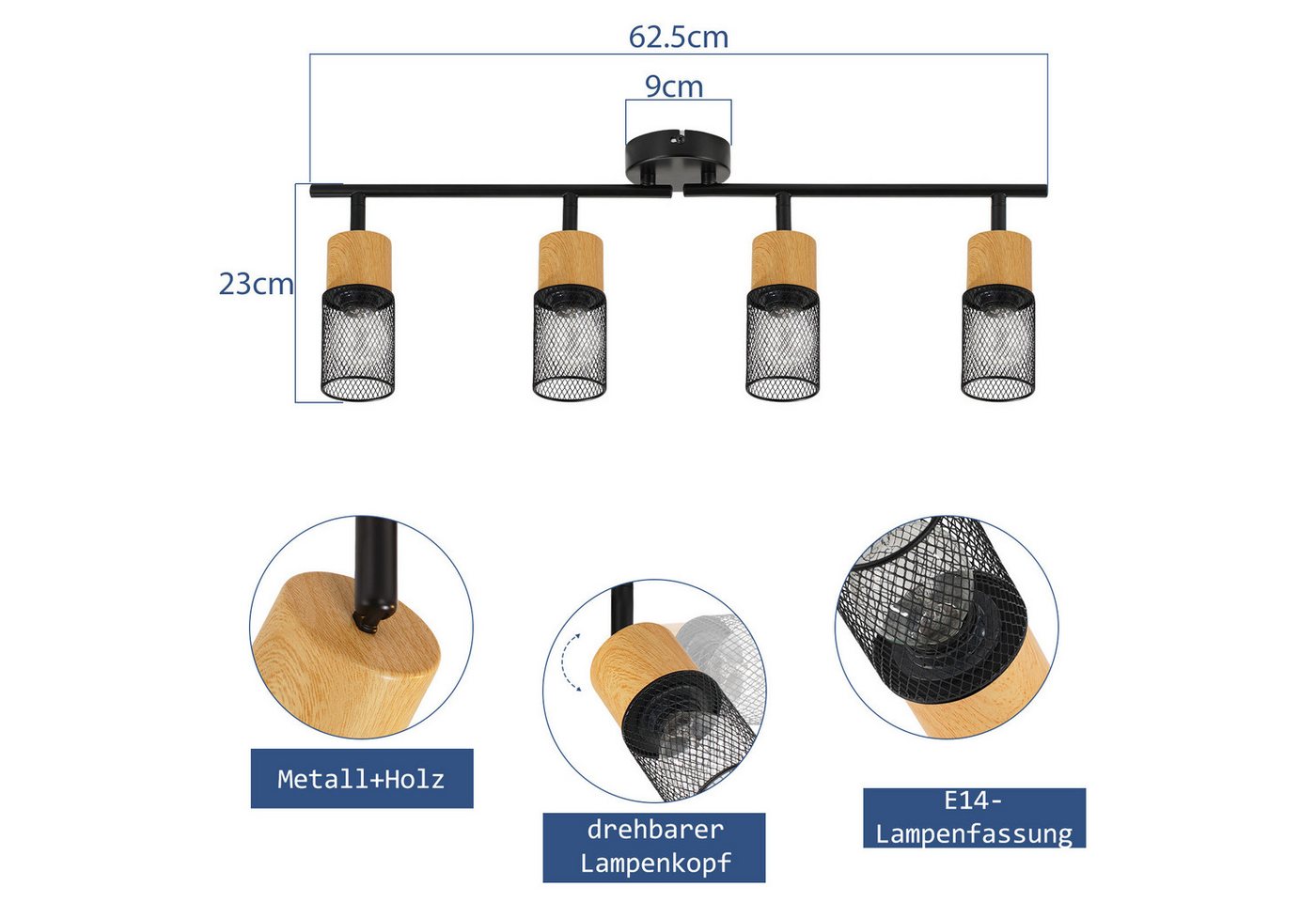 ZMH Deckenstrahler 2/3/4 Flammig 350° Schwenkbar Schwarz Vintage Flurlampe Wohnzimmer, Ersetzbare Leuchtmittel, ohne Leuchtmittel, Flexibilität in der Beleuchtung für Schlafzimmer Küche