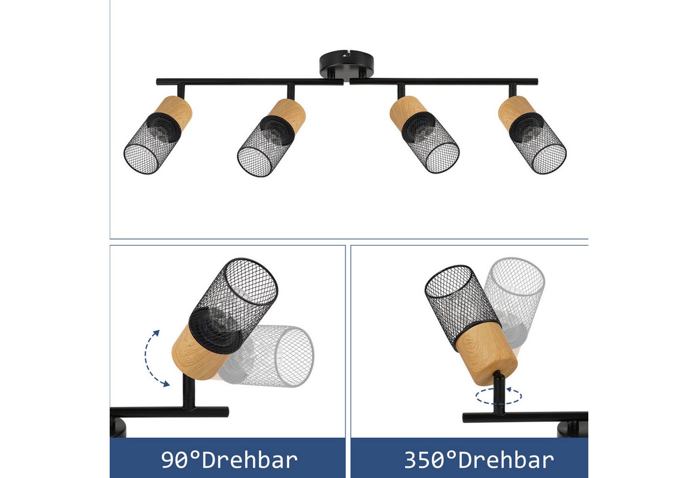 ZMH Deckenstrahler 2/3/4 Flammig 350° Schwenkbar Schwarz Vintage Flurlampe Wohnzimmer, Ersetzbare Leuchtmittel, ohne Leuchtmittel, Flexibilität in der Beleuchtung für Schlafzimmer Küche Bild 2