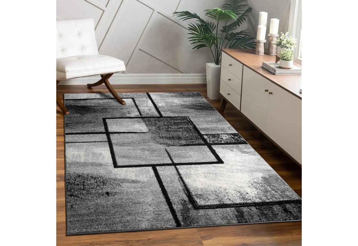 KADIMA DESIGN Teppich Geometrisches Quadratmuster Wohnzimmer Teppich Kurzflor, Läufer, Höhe: 14 mm, Florhöhe: 10 mm, 100% Polypropylen, Läufer, 80x150cm, Dunkelgrau Bild 4