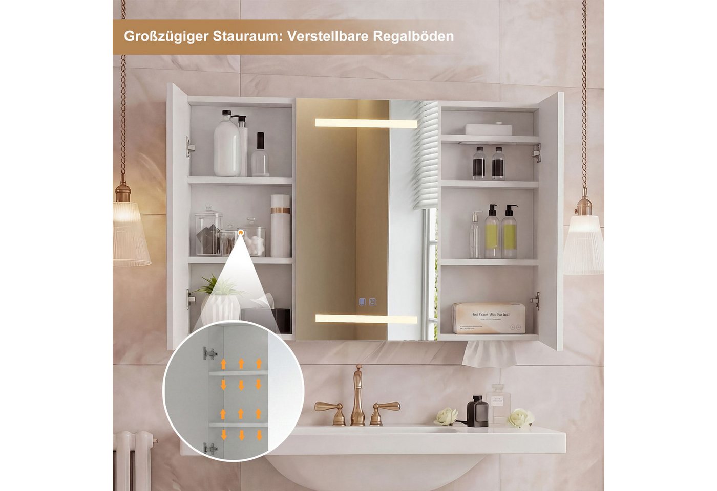 Gdood Badezimmerspiegelschrank Spiegelschrank Doppeltür Hängeschrank mit LED (1-St., Einstellung der warmen und kalten Farbtemperatur 3000/4500/6400K) inkl. Steckdosen, LED-Beleuchtung, Touchschalter, Antibeschlagfunktion Bild 4