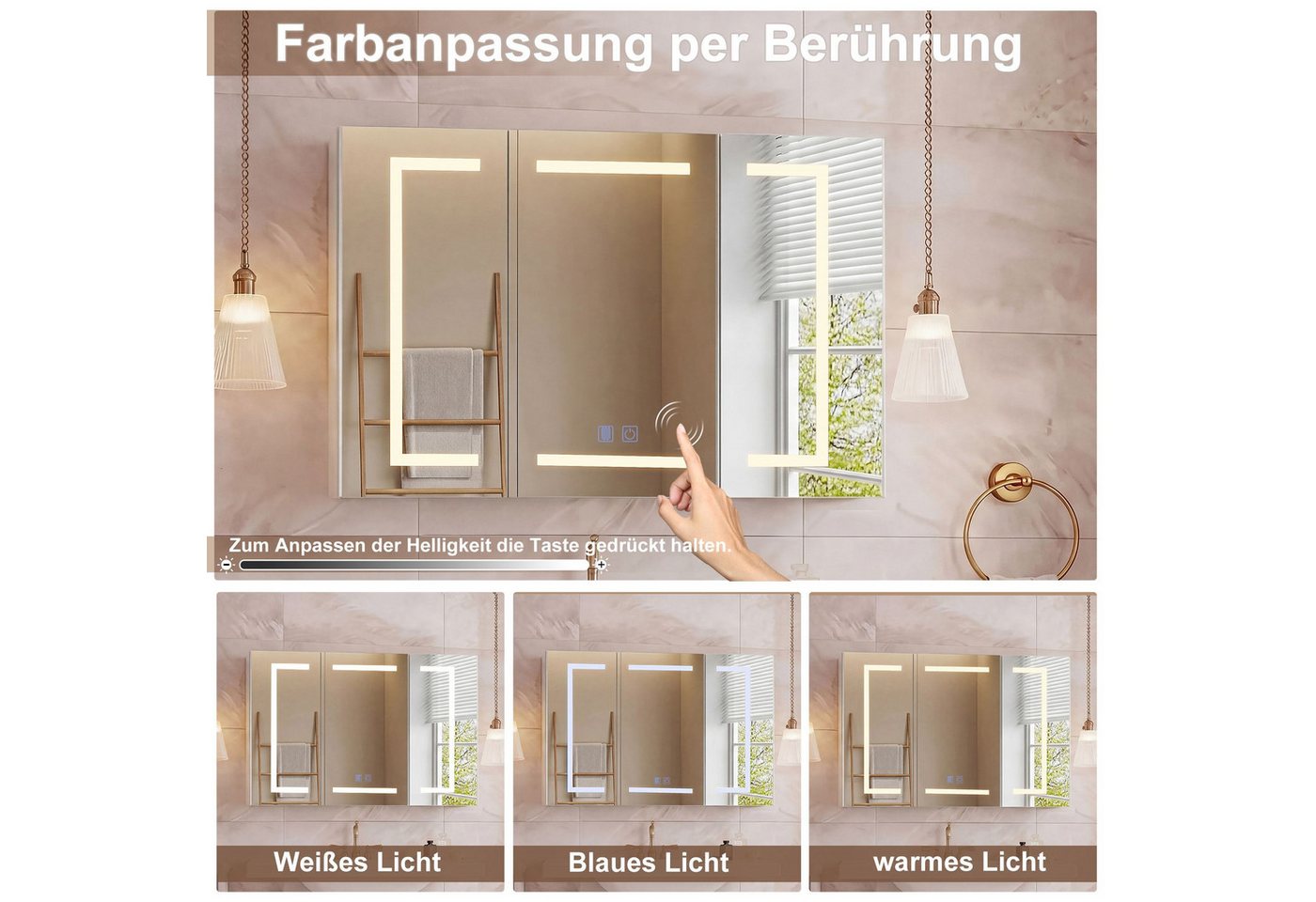 Gdood Badezimmerspiegelschrank Spiegelschrank Doppeltür Hängeschrank mit LED (1-St., Einstellung der warmen und kalten Farbtemperatur 3000/4500/6400K) inkl. Steckdosen, LED-Beleuchtung, Touchschalter, Antibeschlagfunktion Bild 5