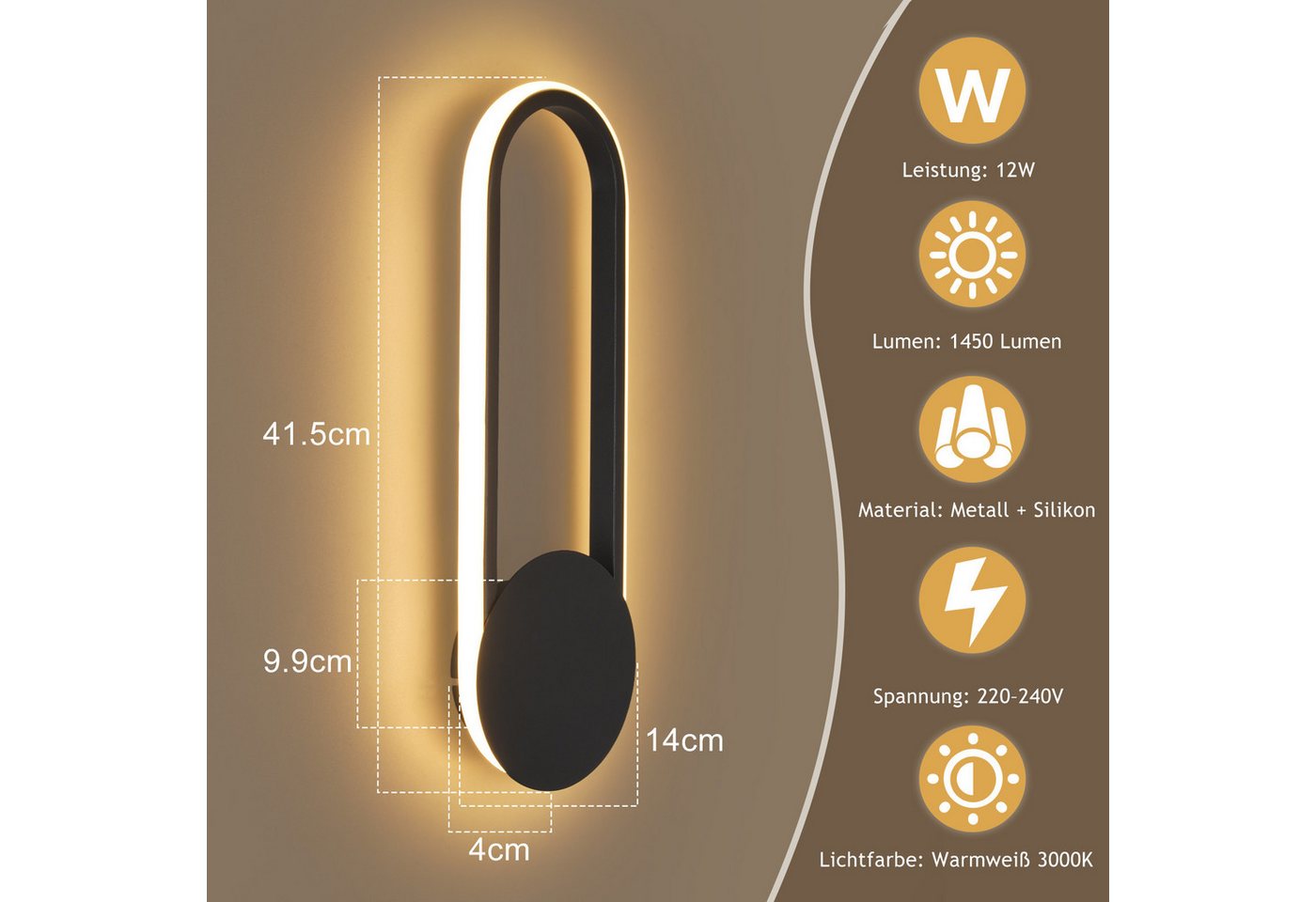 Nettlife LED Wandleuchte LED Wandleuchte Treppenhaus 12W 41cm 3000K, LED fest integriert, Warmweiß Bild 2