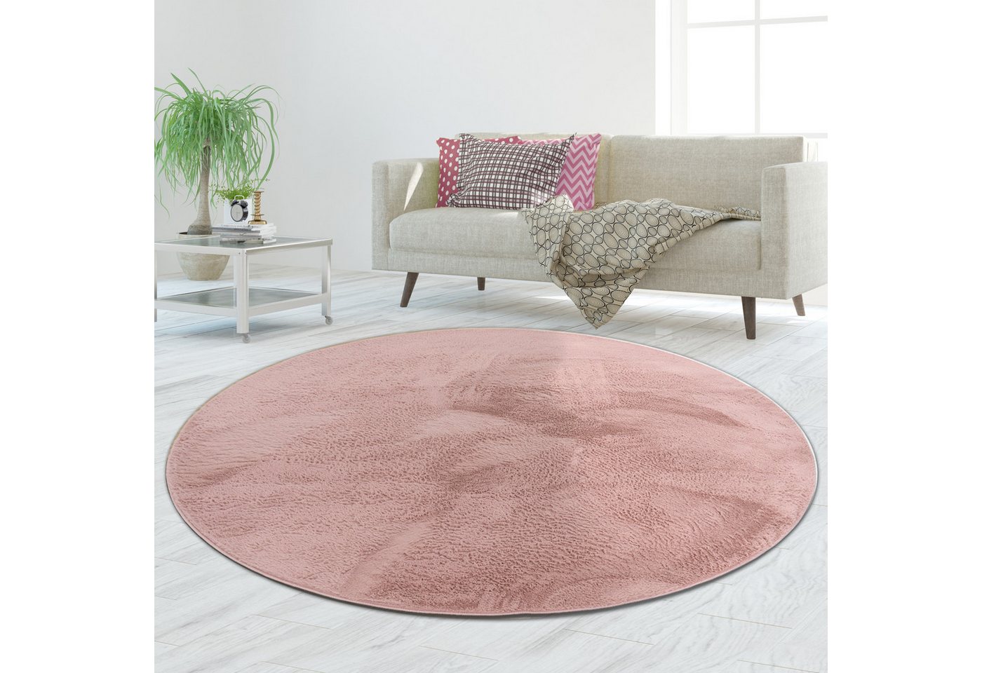 TeppichHome24 Teppich Teppich rosa weich pflegeleicht saugrobotergeeignet für Wohnbereiche, rund