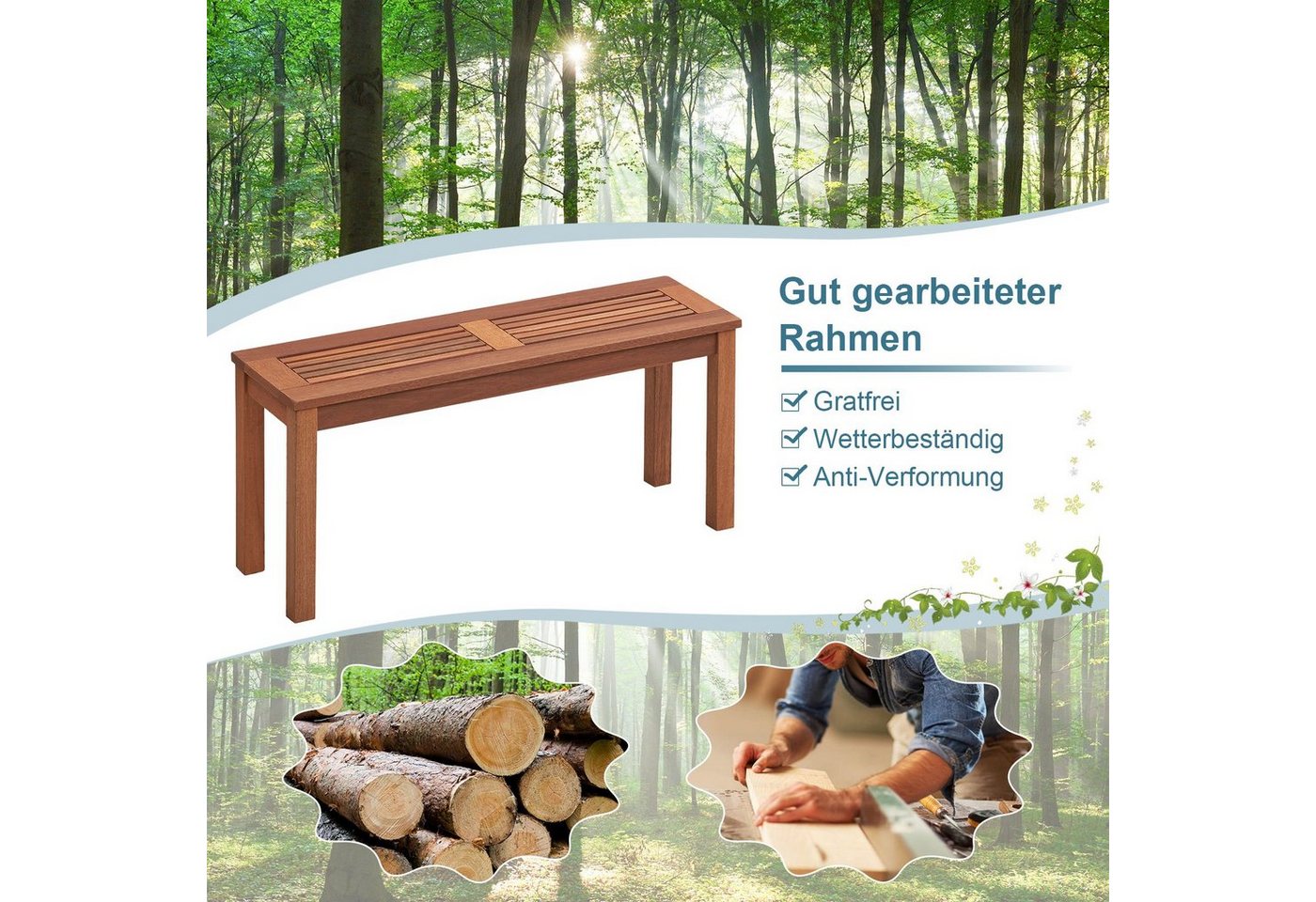 COSTWAY Gartenbank (2-St), wetterfest, 2-Sitzer Massivholz, ohne Rückenlehne, 100cm