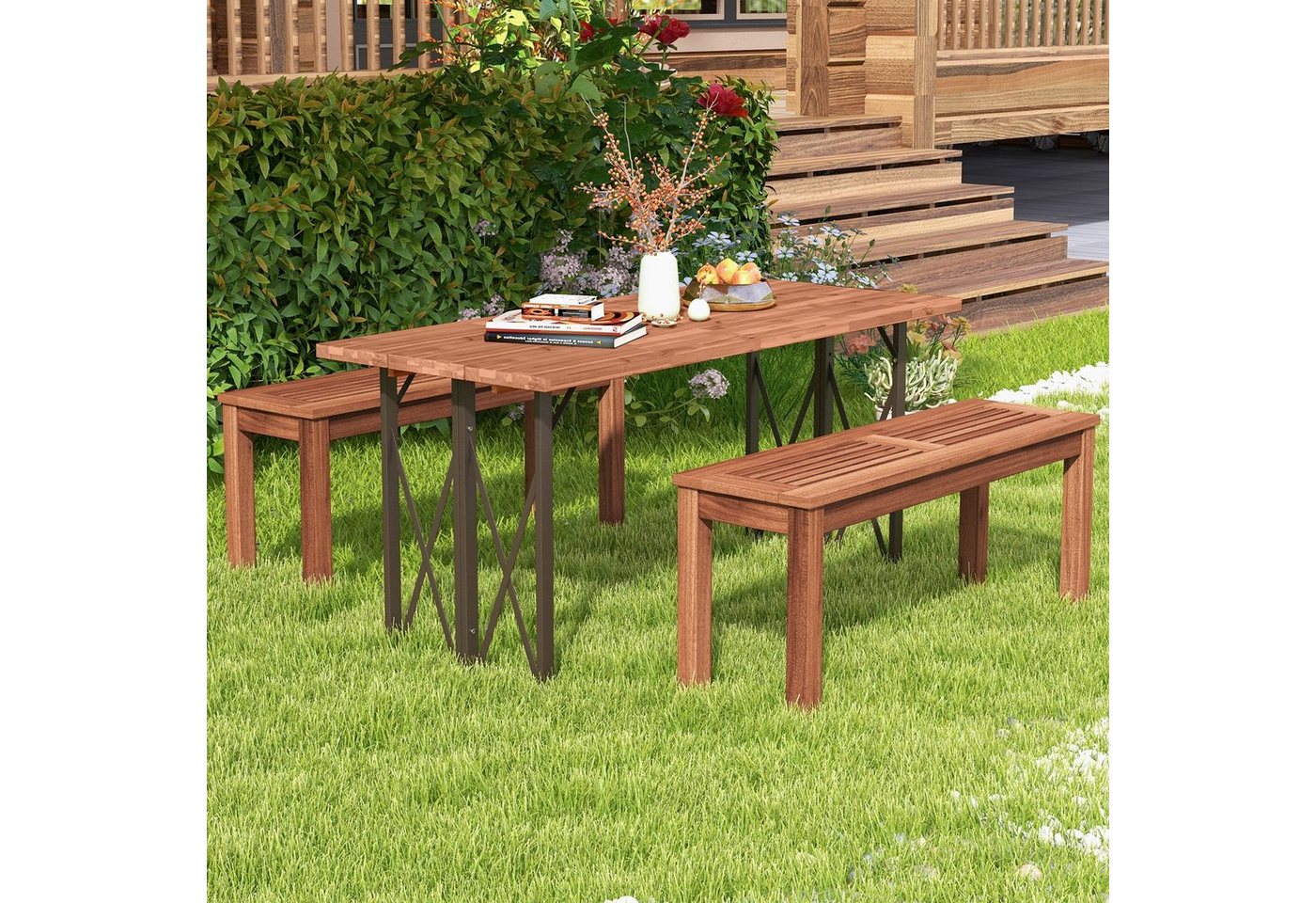 COSTWAY Gartenbank (2-St), wetterfest, 2-Sitzer Massivholz, ohne Rückenlehne, 100cm Bild 2