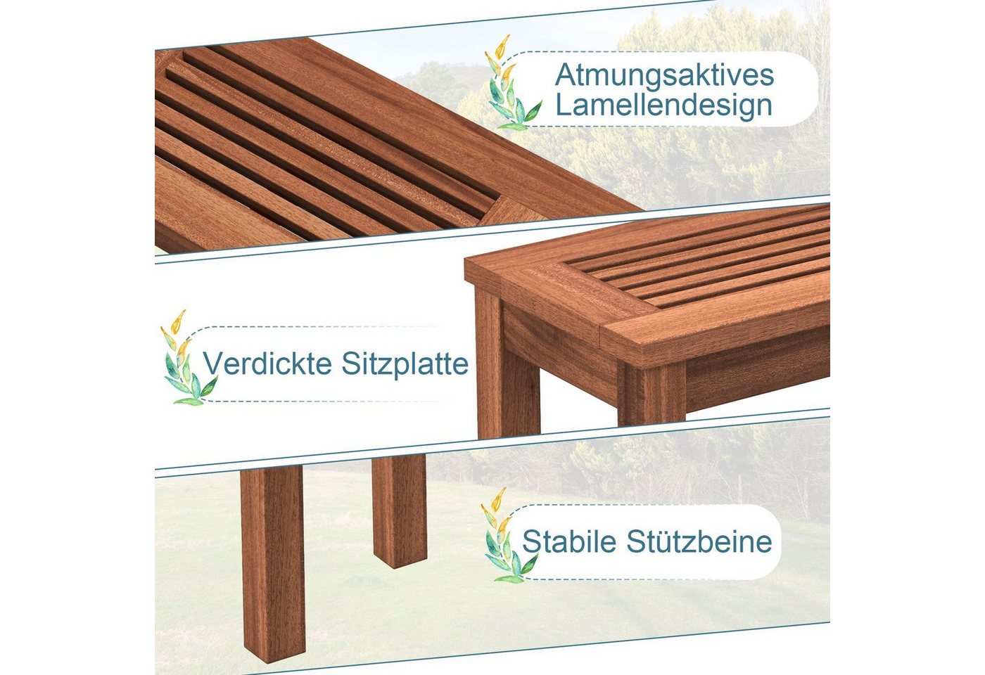 COSTWAY Gartenbank (2-St), wetterfest, 2-Sitzer Massivholz, ohne Rückenlehne, 100cm Bild 4