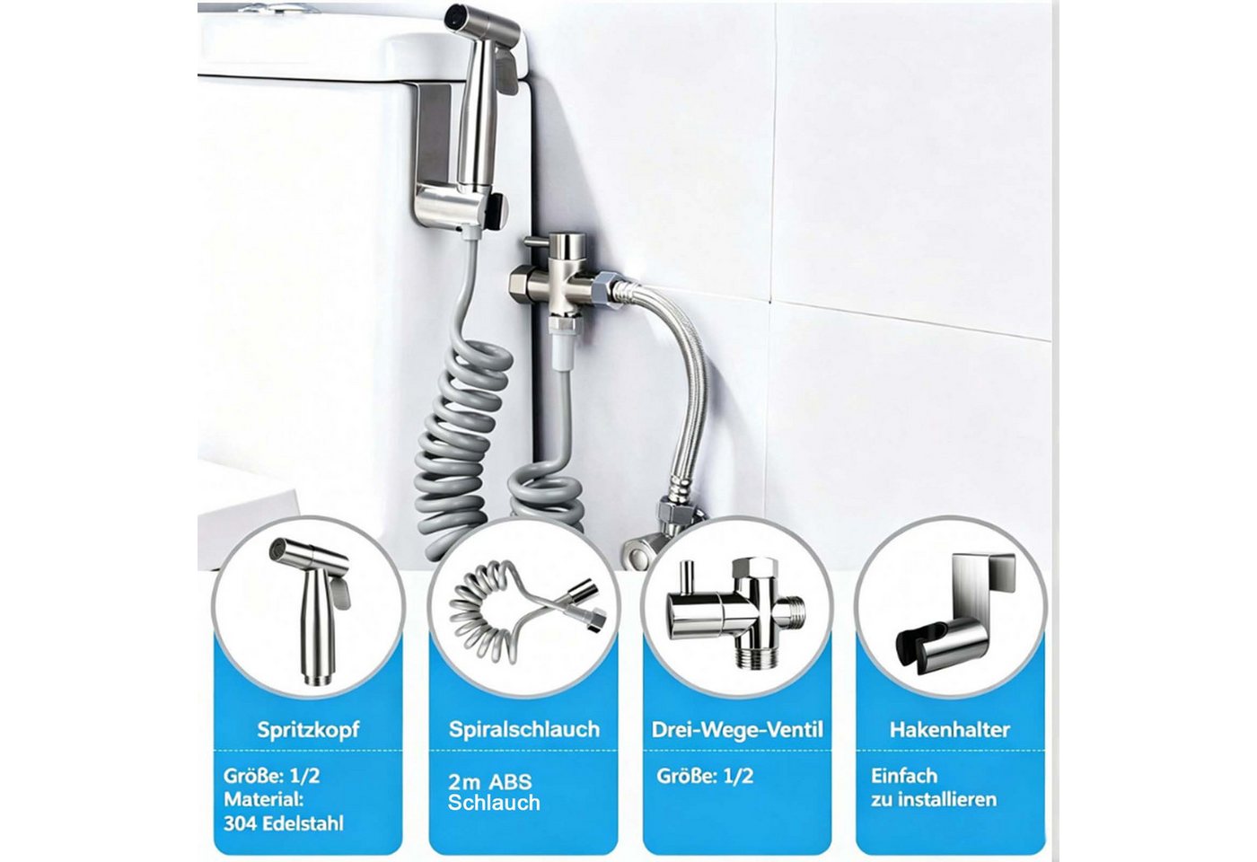 MOPUEA Bidetarmatur Edelstahl Bidetarmatur Sprühset mit 3-Wege Ventil für WC & Hygiene (Bidet Handbrause Hygieneset, Edelstahl Sprühset mit T-Ventil, Schlauch und Halterung) 2-in-1 Funktion, Edelstahl, einfach Montage, vielseitig