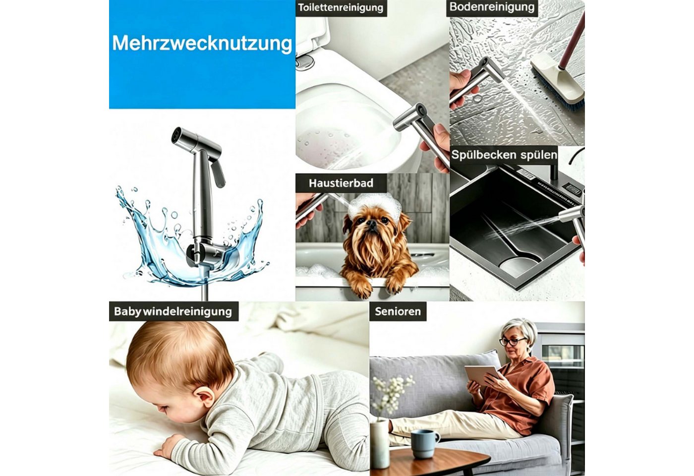 MOPUEA Bidetarmatur Edelstahl Bidetarmatur Sprühset mit 3-Wege Ventil für WC & Hygiene (Bidet Handbrause Hygieneset, Edelstahl Sprühset mit T-Ventil, Schlauch und Halterung) 2-in-1 Funktion, Edelstahl, einfach Montage, vielseitig Bild 4