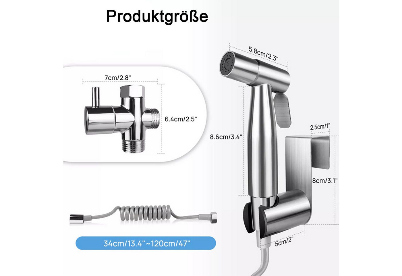 MOPUEA Bidetarmatur Edelstahl Bidetarmatur Sprühset mit 3-Wege Ventil für WC & Hygiene (Bidet Handbrause Hygieneset, Edelstahl Sprühset mit T-Ventil, Schlauch und Halterung) 2-in-1 Funktion, Edelstahl, einfach Montage, vielseitig Bild 5