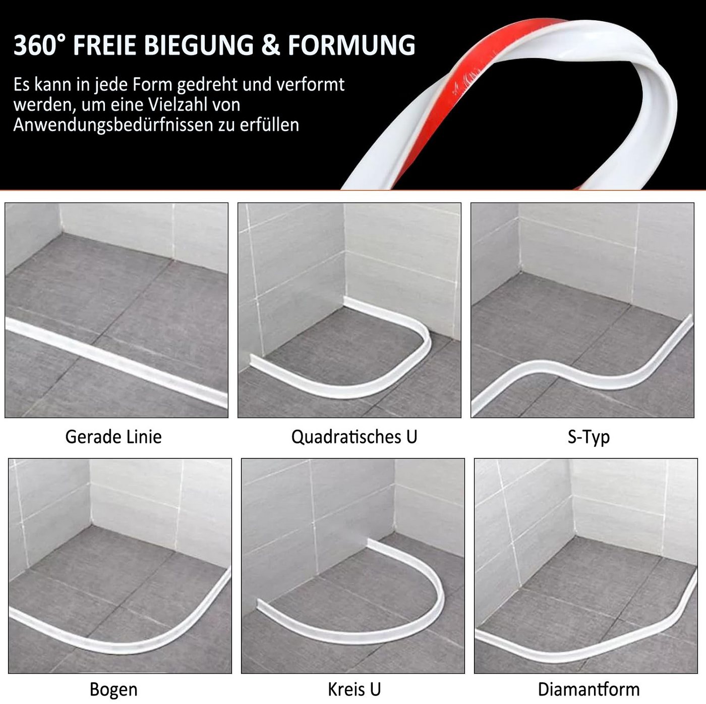 Auledio Duschdichtung 2m selbstklebender Spritzschutzstreifen, Gummi-Duschdichtungsstreifen, L: 200 cm, 3.5 cm hoher Badezimmer Duschkabine wasserdichter Streifen
