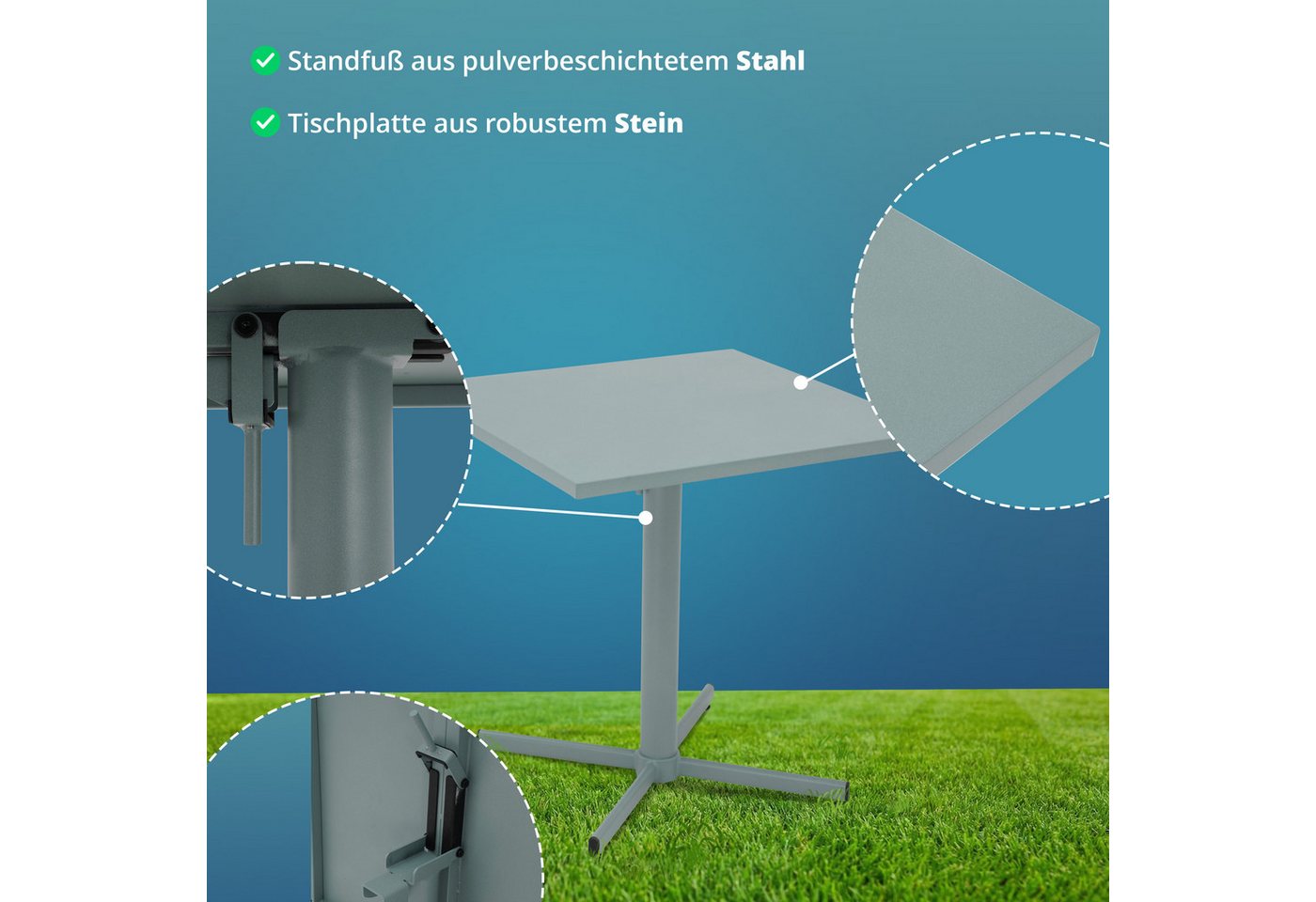 KHG Gartentisch Grau-Hellgrün klappbar (Tischplatte und Gestell aus pulverbeschichtete Stahl, Klapptisch wetterfest 70x72x70 cm), Wetterfest, klappbar Bild 2