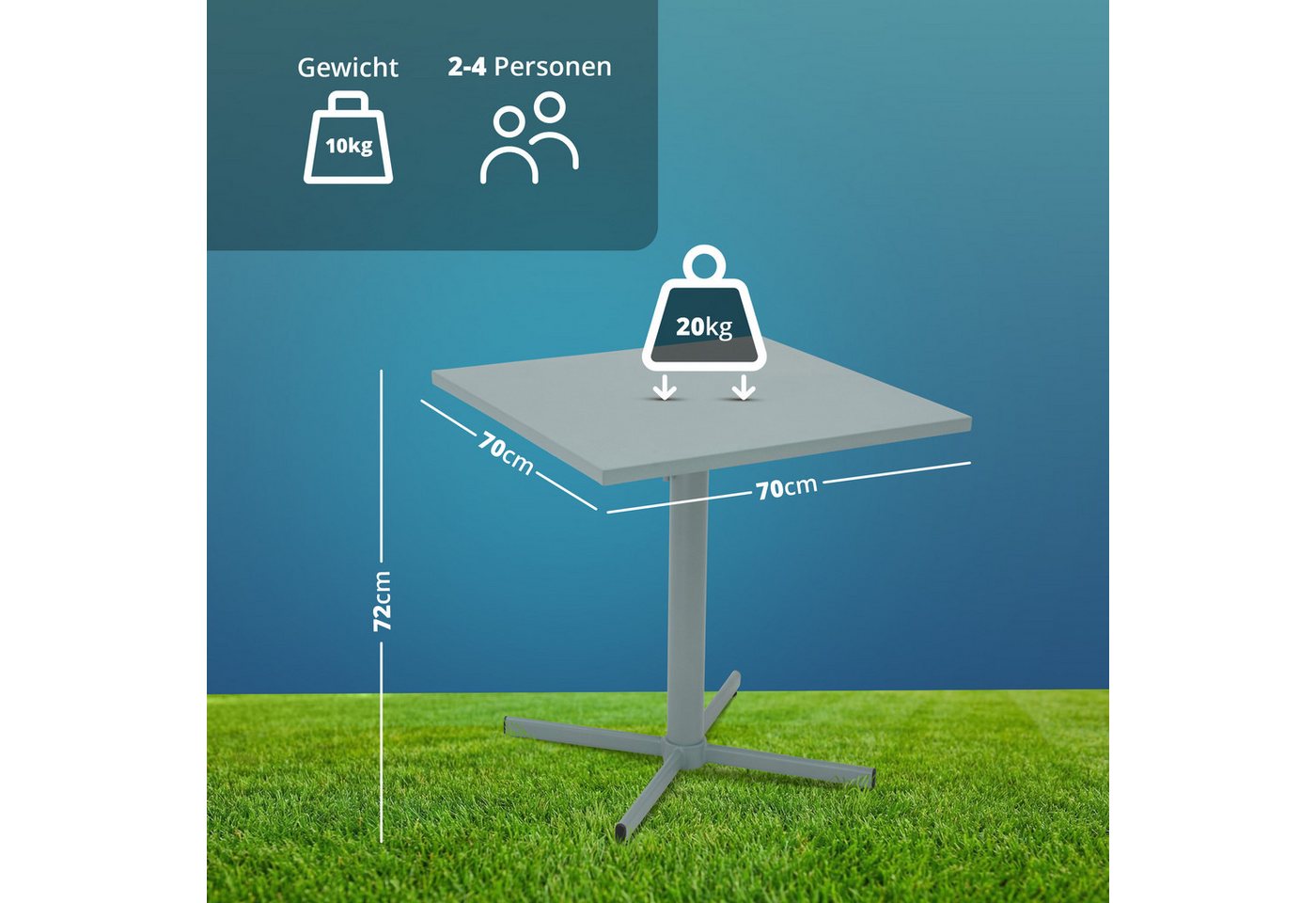 KHG Gartentisch Grau-Hellgrün klappbar (Tischplatte und Gestell aus pulverbeschichtete Stahl, Klapptisch wetterfest 70x72x70 cm), Wetterfest, klappbar Bild 3
