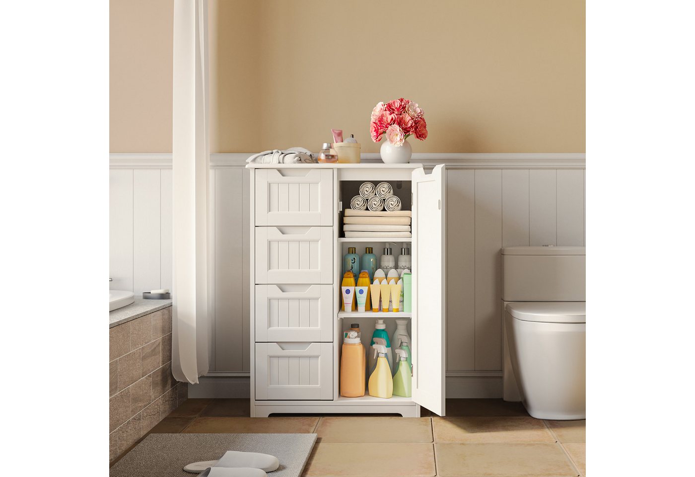 Blishom Badkommode Küchenschrank mit 4 Schubladen Vorratsschrank, 60 x 30 x 85 cm, Schmale Hochkommode für Badezimmer, Küche