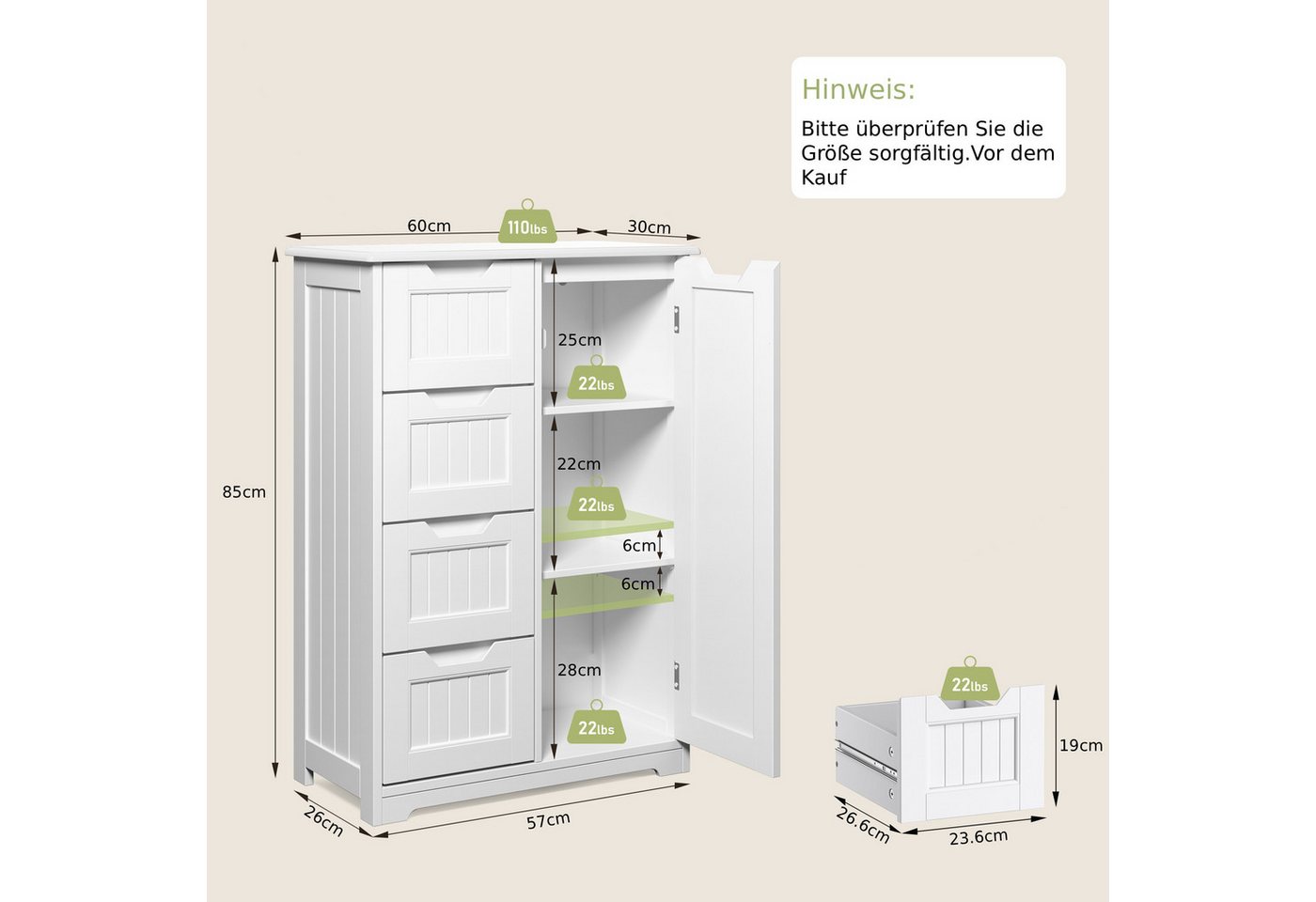 Blishom Badkommode Küchenschrank mit 4 Schubladen Vorratsschrank, 60 x 30 x 85 cm, Schmale Hochkommode für Badezimmer, Küche Bild 4