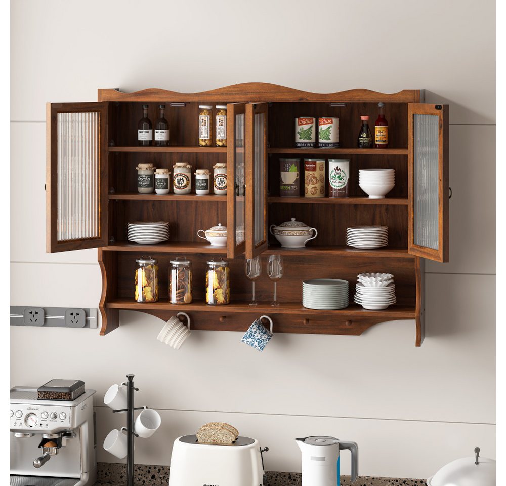 BBWL Hängeschrank aus Massivholz mit 4 Türen, Glasfront, Ablagen & Hakenleiste Retro Wandschrank 100cm für Bad Küche Esszimmer