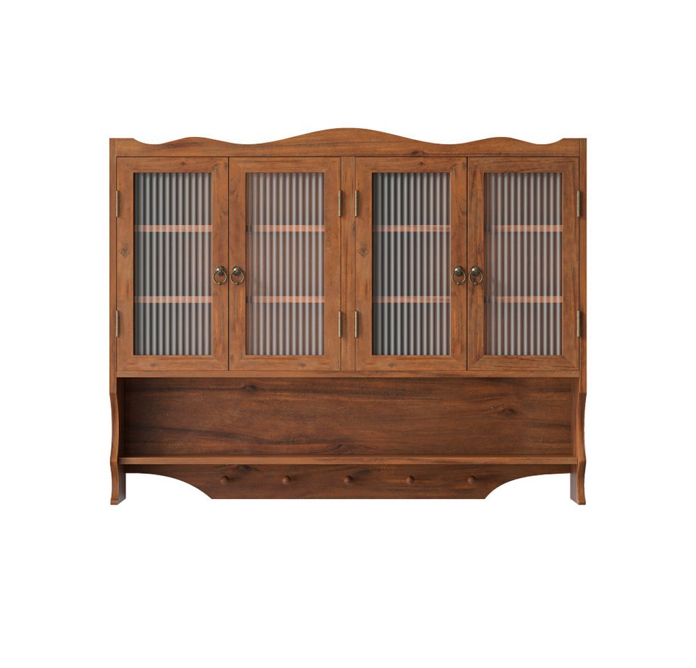 BBWL Hängeschrank aus Massivholz mit 4 Türen, Glasfront, Ablagen & Hakenleiste Retro Wandschrank 100cm für Bad Küche Esszimmer Bild 2