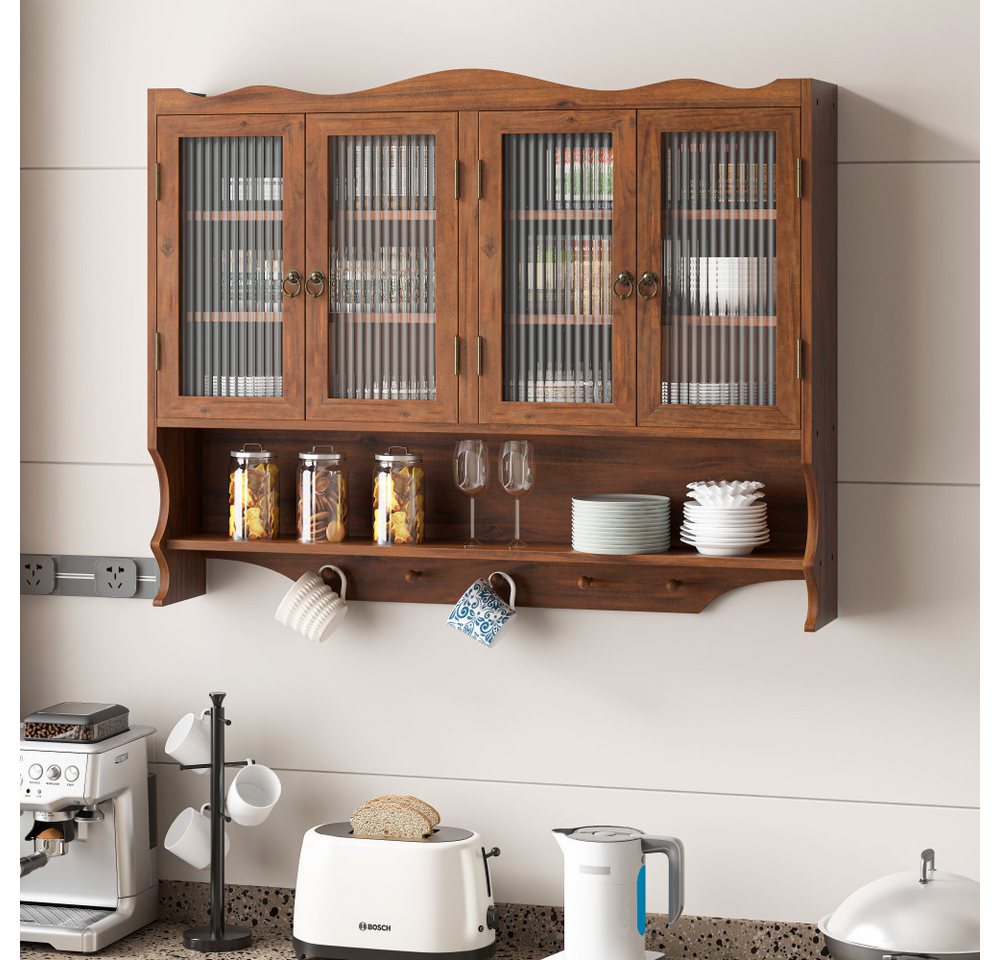 BBWL Hängeschrank aus Massivholz mit 4 Türen, Glasfront, Ablagen & Hakenleiste Retro Wandschrank 100cm für Bad Küche Esszimmer Bild 3