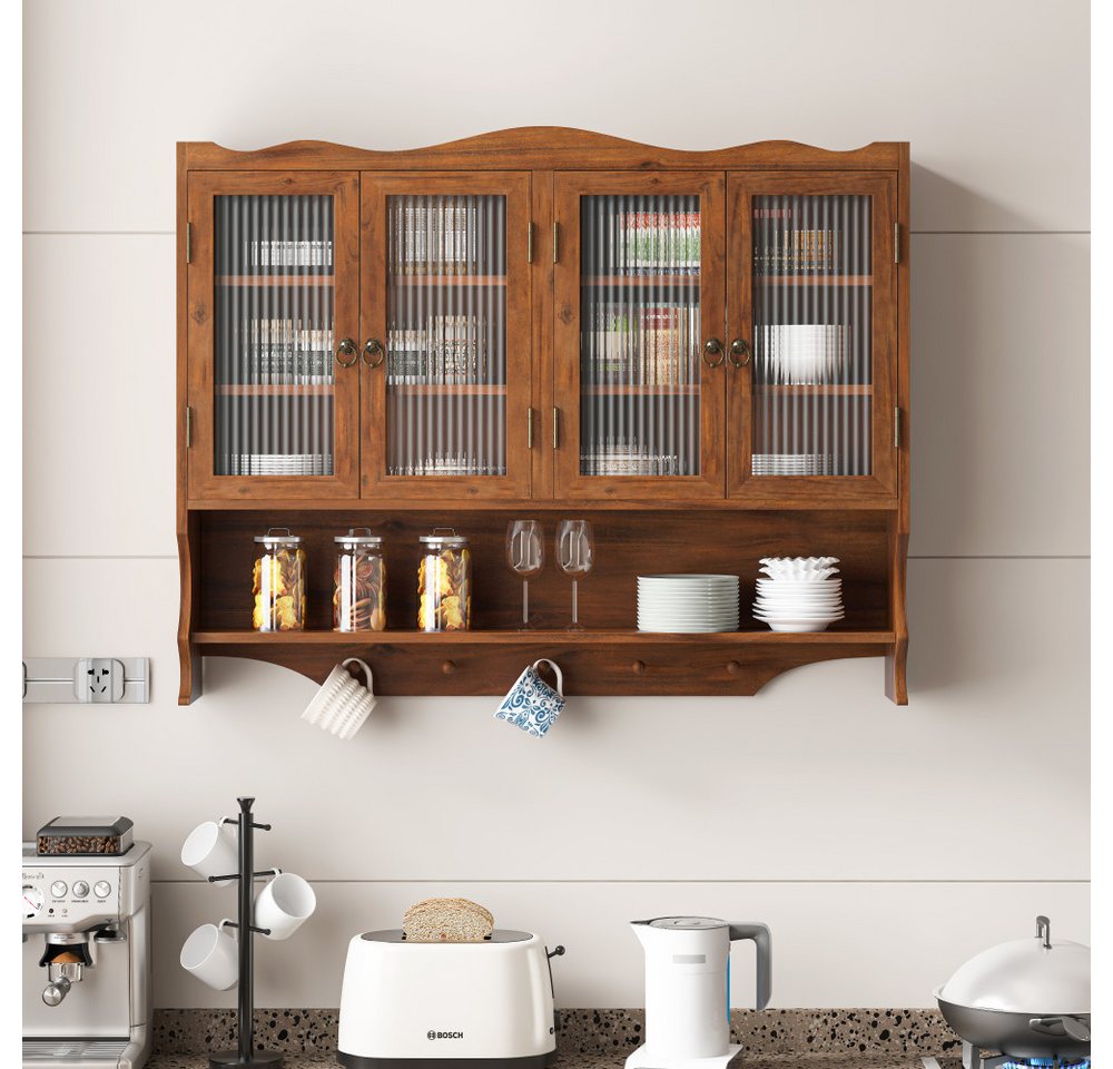BBWL Hängeschrank aus Massivholz mit 4 Türen, Glasfront, Ablagen & Hakenleiste Retro Wandschrank 100cm für Bad Küche Esszimmer Bild 4