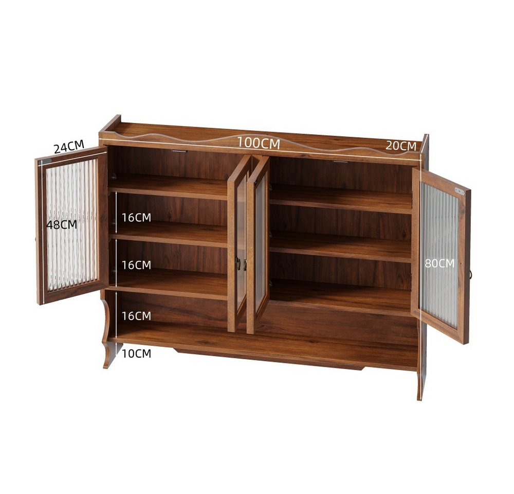 BBWL Hängeschrank aus Massivholz mit 4 Türen, Glasfront, Ablagen & Hakenleiste Retro Wandschrank 100cm für Bad Küche Esszimmer Bild 5