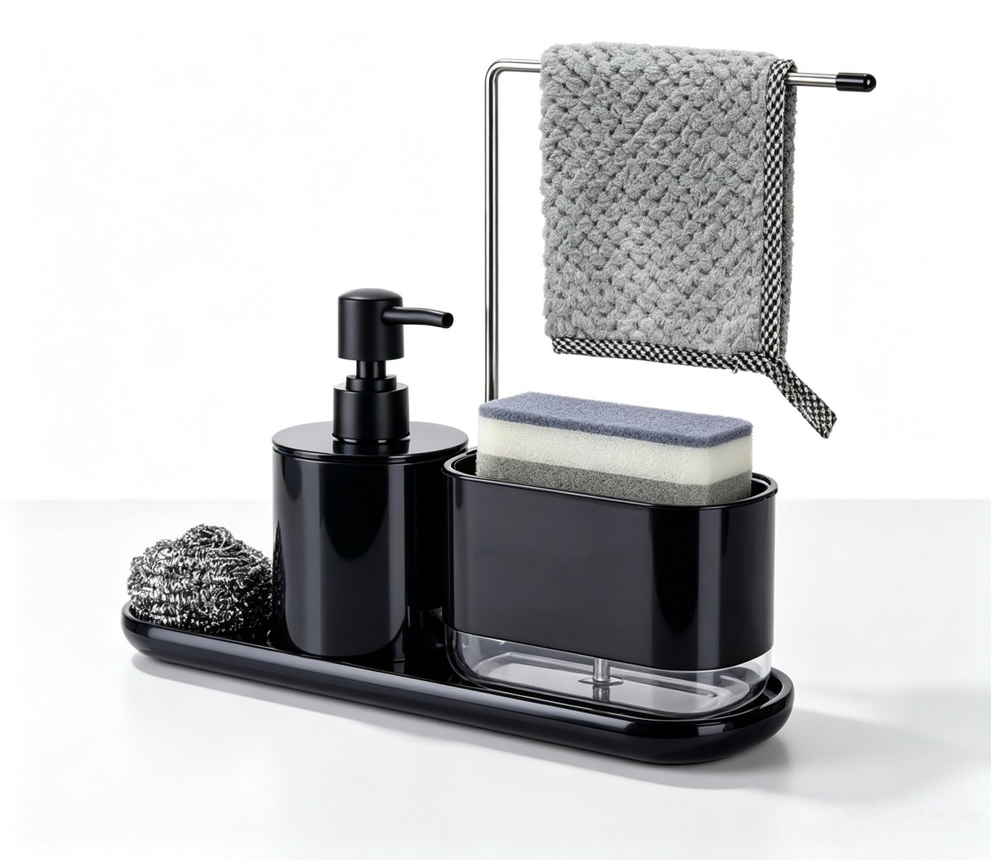 ibettertec Seifenspender Spülbecken-Organizer mit Seifenspender und Schwammhalter, Multifunktional mit Seifenpumpe,Robuster ABS/Edelstahl, zwei Größen Bild 2