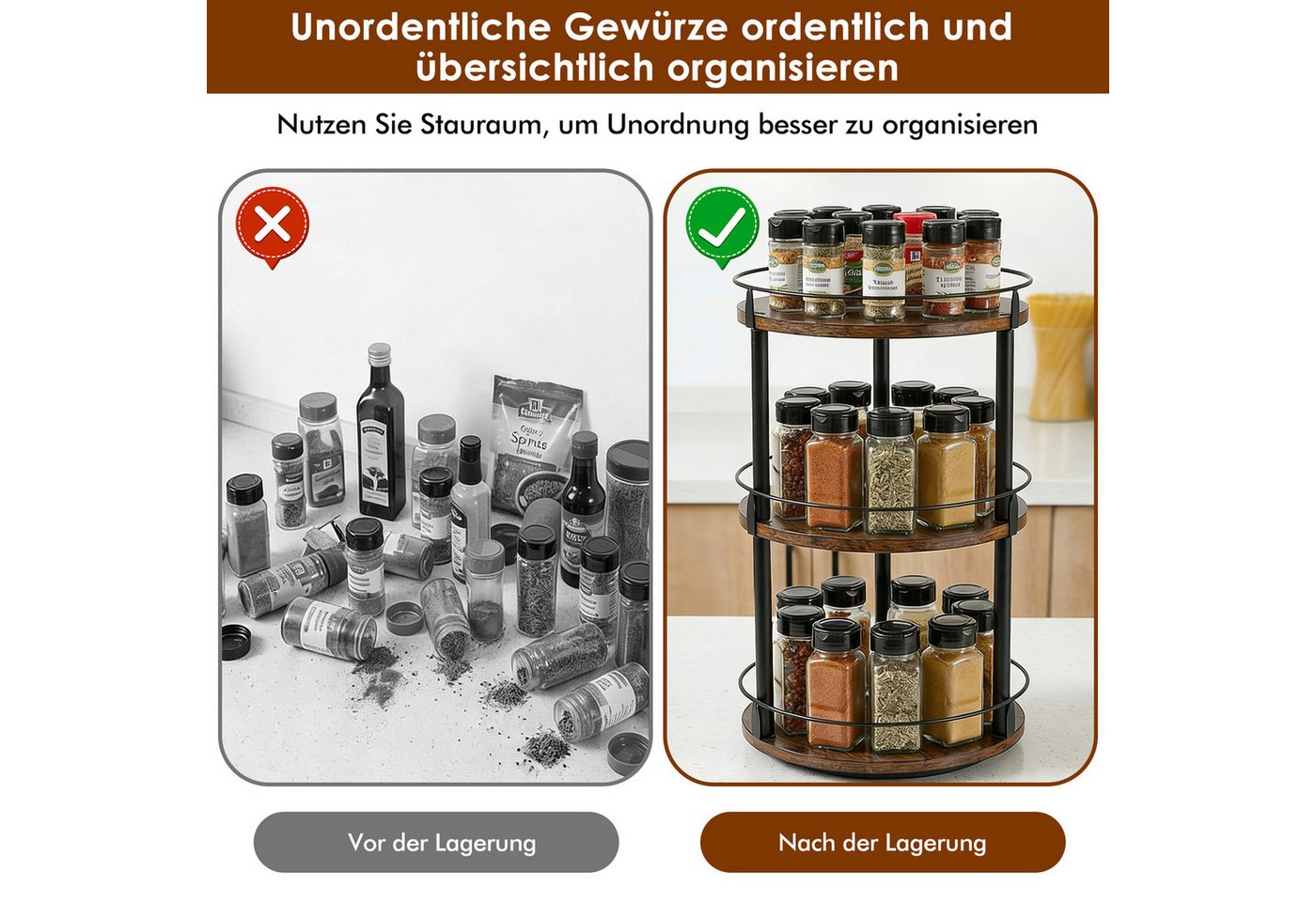 BlingBin Gewürzregal Küchenregal 3-stufiger drehbarer Gewürzständer Küchenaufbewahrung, 1 Stück 1-tlg., Für Küchenarbeitsplatten,Badezimmer,Zimmer,Vielseitig Einsetzbar