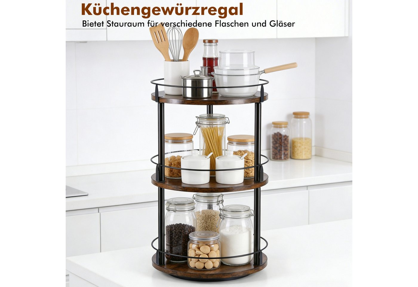 BlingBin Gewürzregal Küchenregal 3-stufiger drehbarer Gewürzständer Küchenaufbewahrung, 1 Stück 1-tlg., Für Küchenarbeitsplatten,Badezimmer,Zimmer,Vielseitig Einsetzbar Bild 2