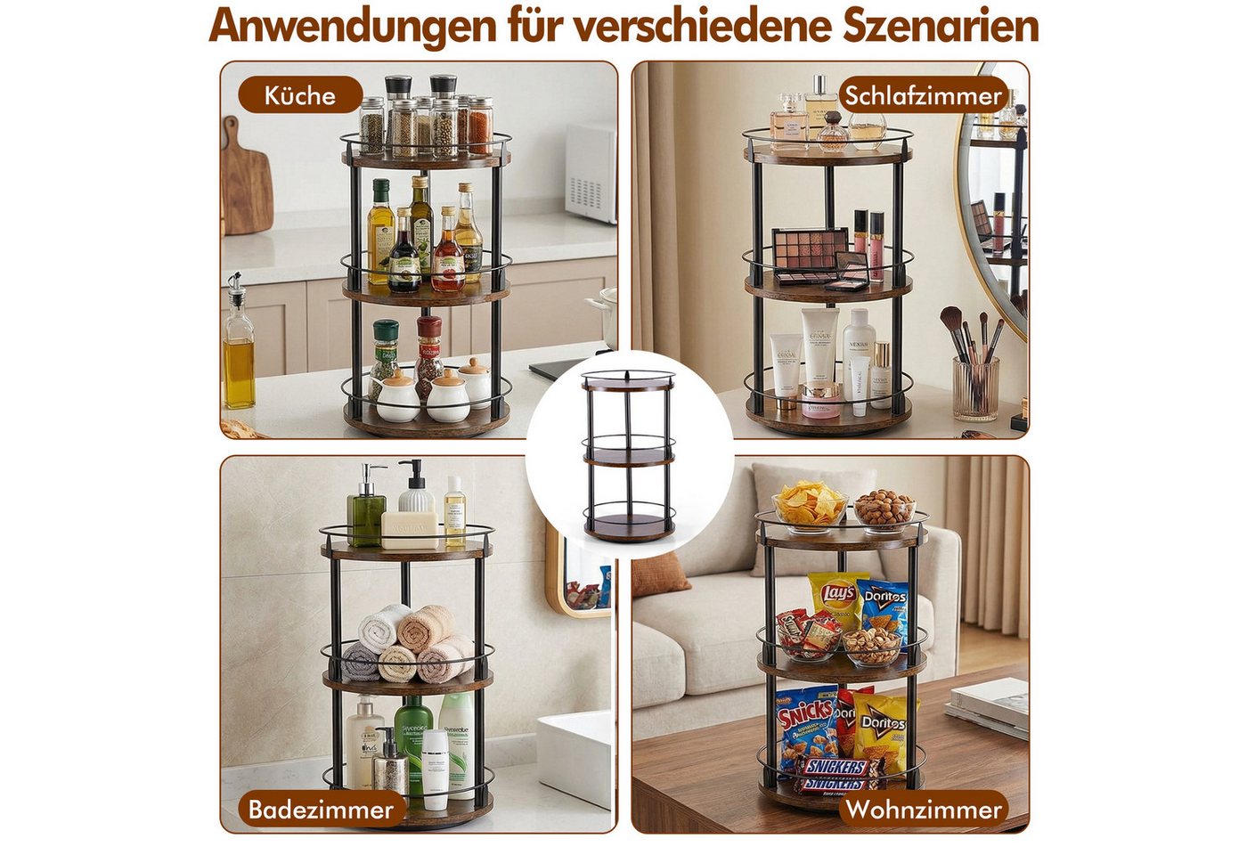 BlingBin Gewürzregal Küchenregal 3-stufiger drehbarer Gewürzständer Küchenaufbewahrung, 1 Stück 1-tlg., Für Küchenarbeitsplatten,Badezimmer,Zimmer,Vielseitig Einsetzbar Bild 5