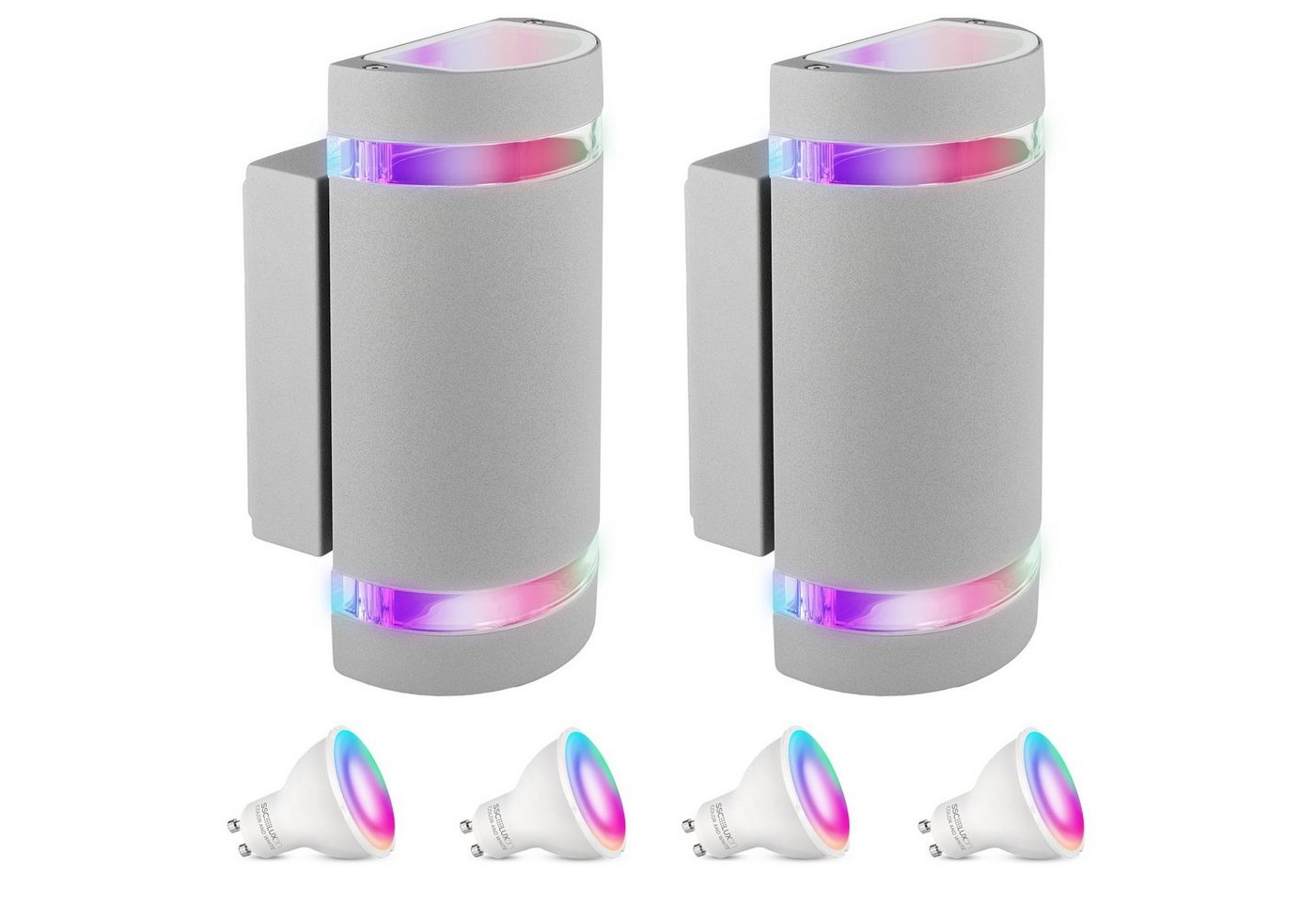 SSC-LUXon LED Außen-Wandleuchte Wandleuchte Up & Down Außen IP44 grau halbrund mit 2x Smart RGB Lampe, RGB & Weißtöne