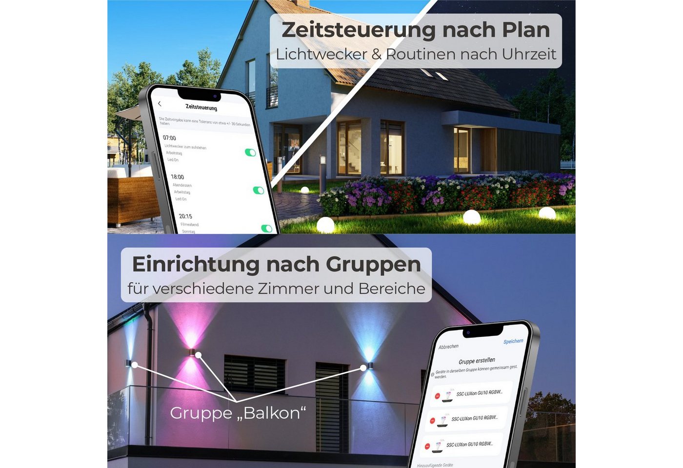 SSC-LUXon LED Außen-Wandleuchte Wandleuchte Up & Down Außen IP44 grau halbrund mit 2x Smart RGB Lampe, RGB & Weißtöne Bild 5