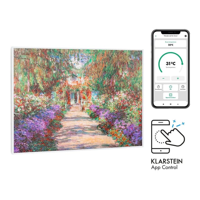 Klarstein Wonderwall Air Art Smart Infrarotheizung 80x60 cm 500 W Wandmontage App-Steuerung Motiv Gartenweg Weiß