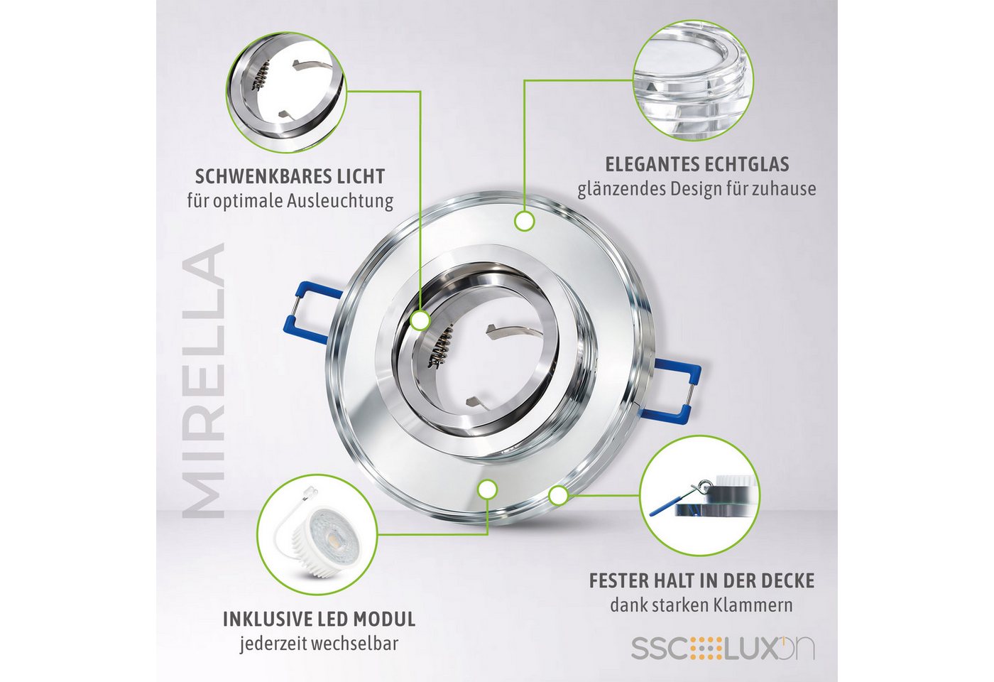 SSC-LUXon LED Einbaustrahler MIRELLA Glas LED Einbauspot schwenkbar mit LED Lampe neutralweiß, Neutralweiß Bild 2