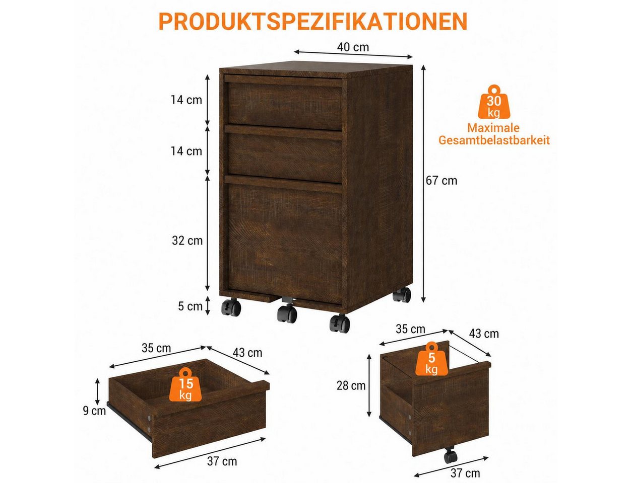 GarveeMore Aktenschrank Rollbarer Computerschrank mit 3 Schubladen Container Stauraumschrank (1-St) 67cm hoch Beistellschrank Druckerstand auf Rollen Mehrzweckschrank Bild 4